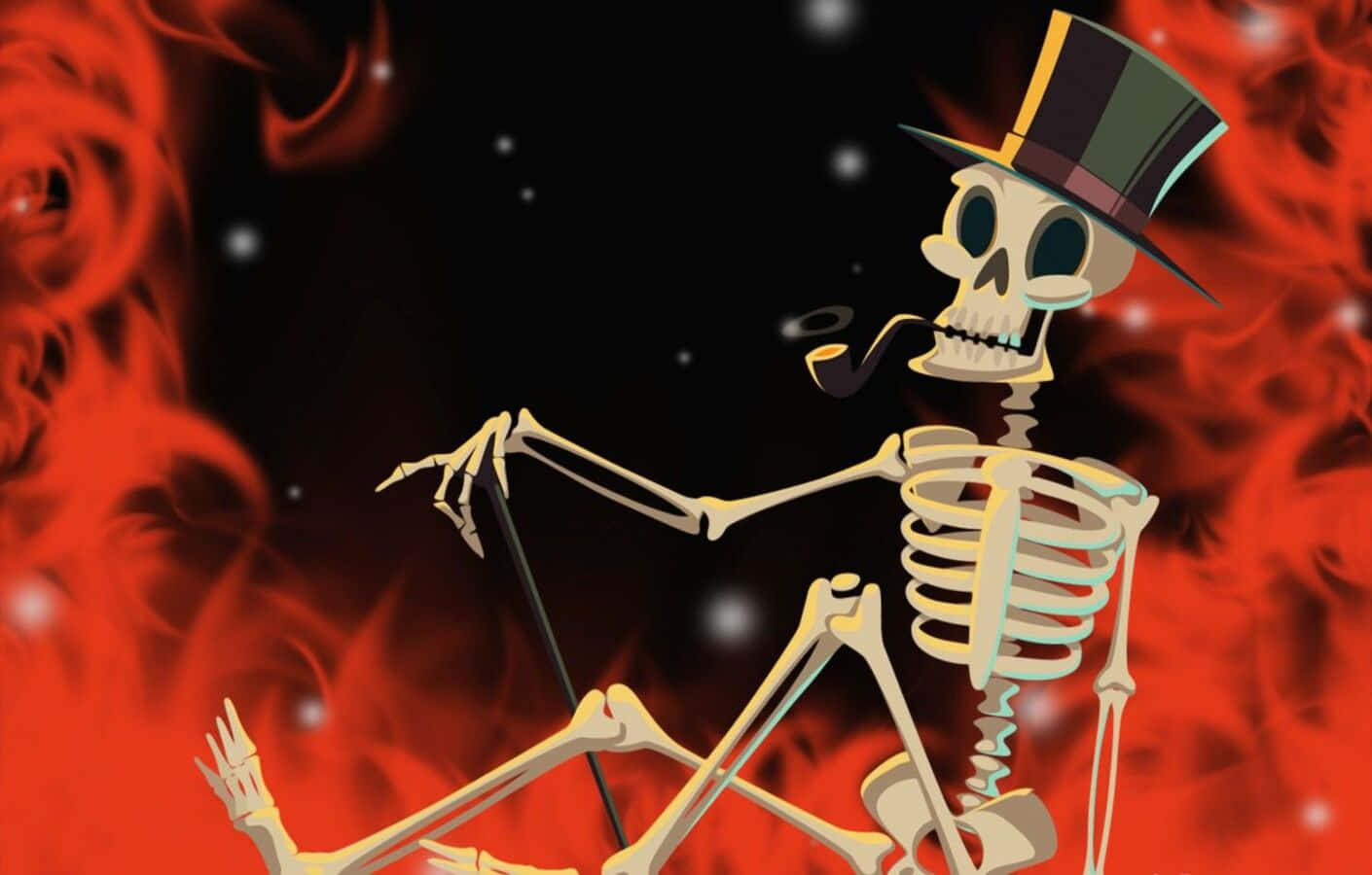 Halloween Skeleton 桌布 壁紙 — 一個戴高帽、抽煙斗的卡通骷髏，靠著火紅色的煙霧，背景是星光閃爍的黑色。