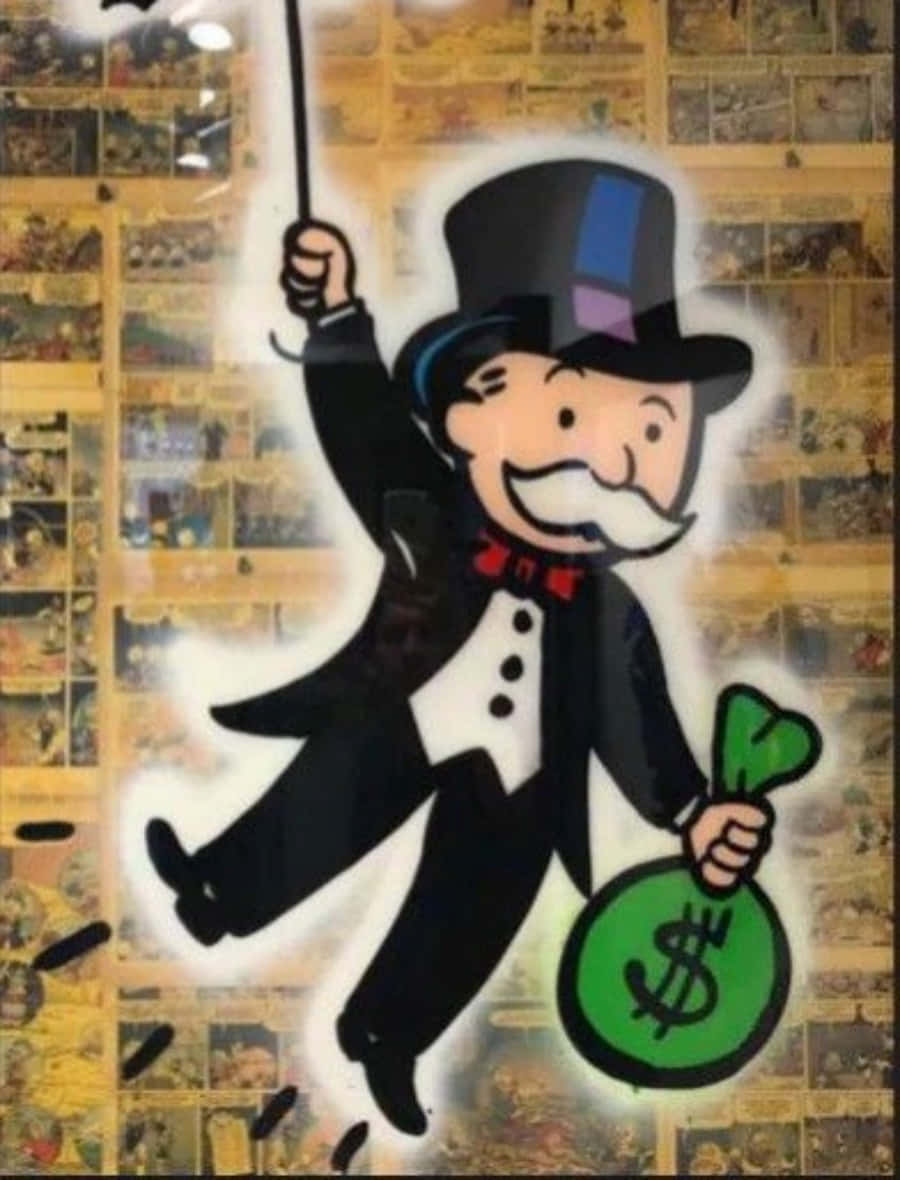 Monopoly Man 桌布 壁紙 — 一個戴高帽、穿燕尾服的壟斷卡通人物，在漫畫格拼貼背景前，愉快地拿著錢袋和手杖。