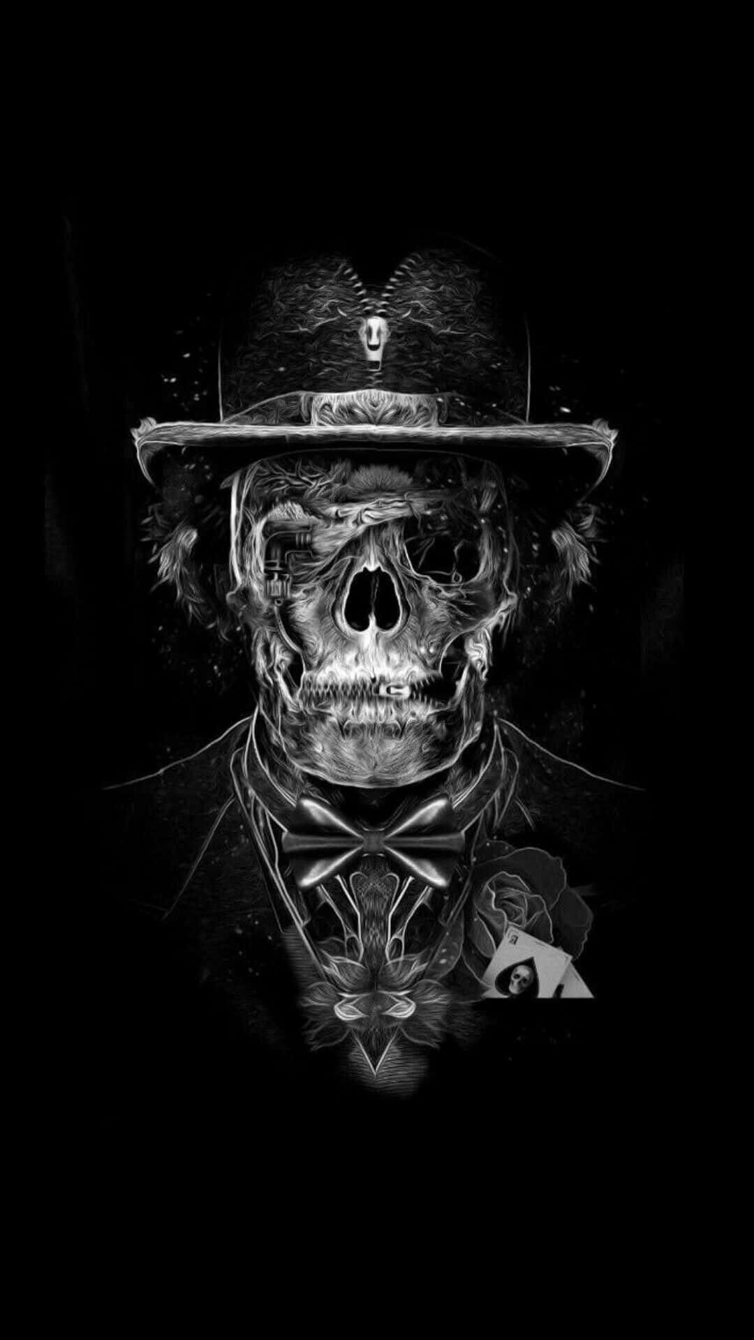 Black Gangster 桌布 壁紙 — 一個戴高帽和蝴蝶結、胸前有玫瑰和撲克牌的骷髏頭黑白肖像。