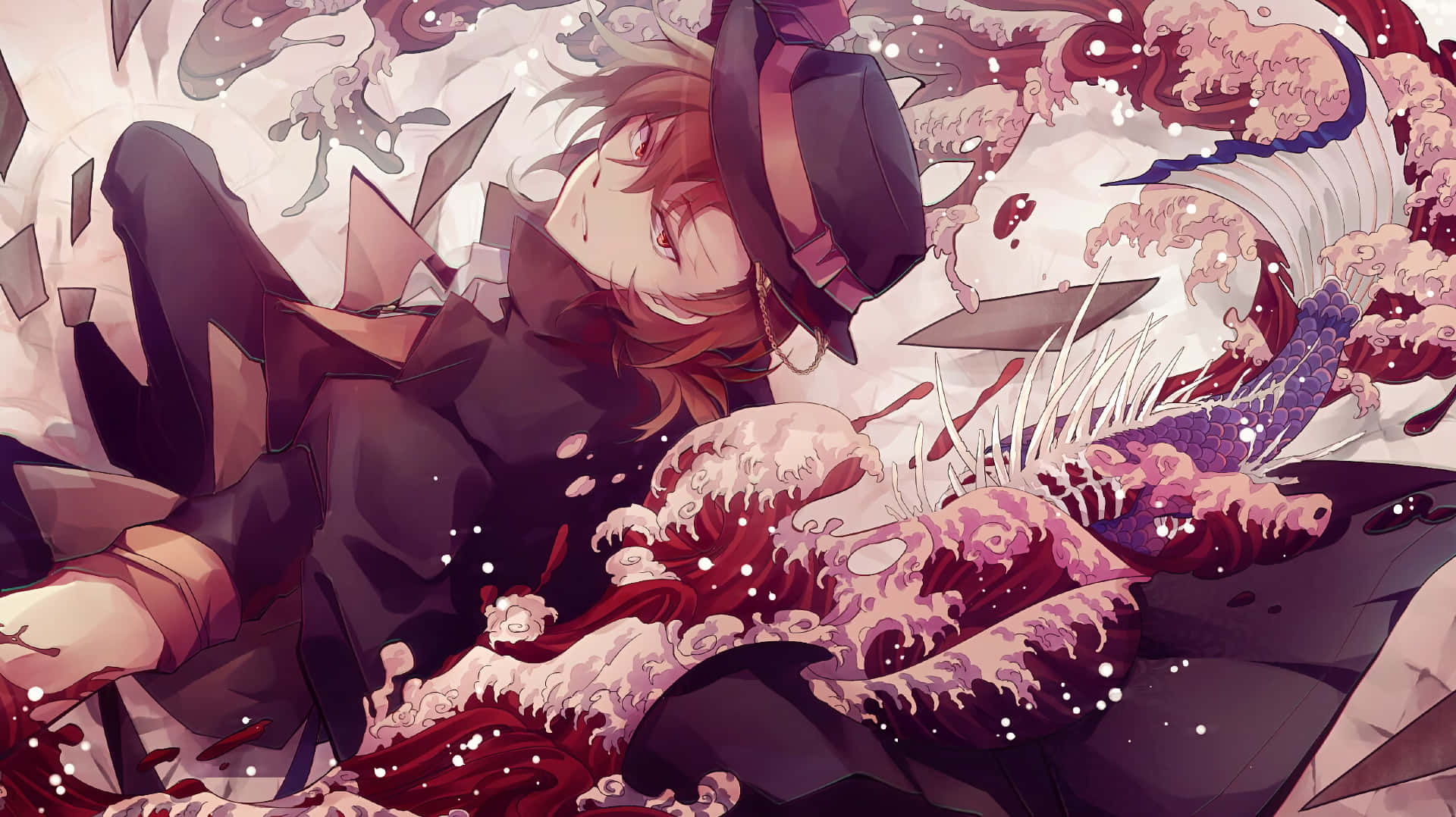 bungou stray dogs 桌布 壁紙 — 一個戴高帽的動漫角色躺在旋轉的紅色和紫色波浪中，周圍有破碎的玻璃碎片。