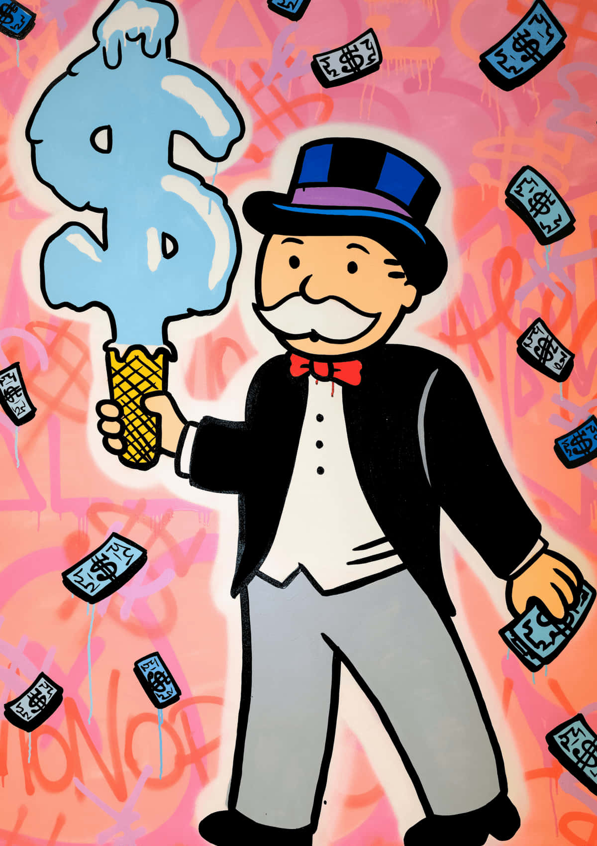 Monopoly Man 桌布 壁紙 — 一個戴高帽的卡通大富翁男子手持一個美元符號冰淇淋，鈔票在佈滿塗鴉的粉紅色背景中如雨般落下。