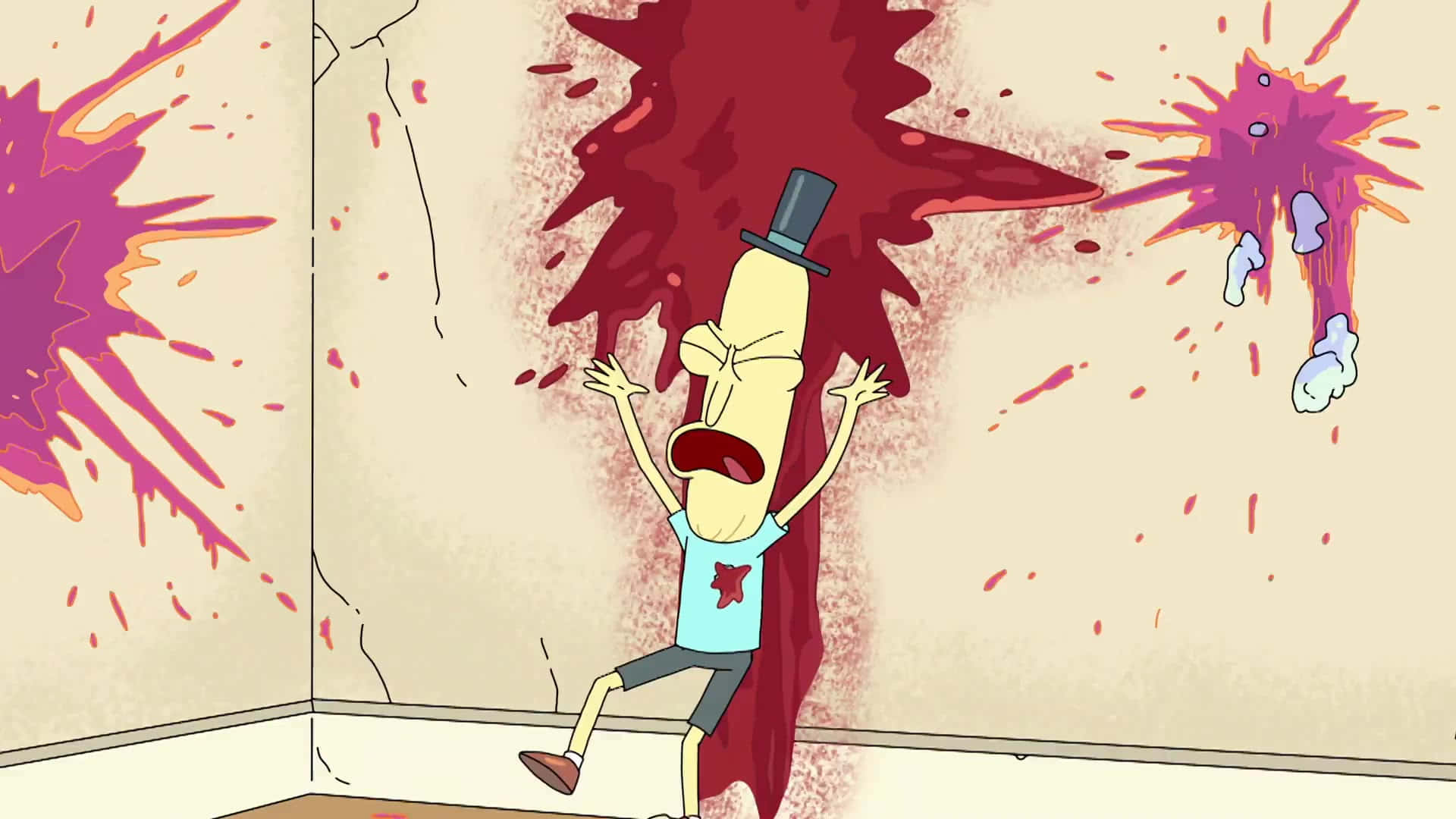 Mr Poopybutthole 桌布 壁紙 — 一個戴高帽的卡通角色在混亂的房間中尖叫，紅色和紫色的油漆飛濺在他周圍爆炸。