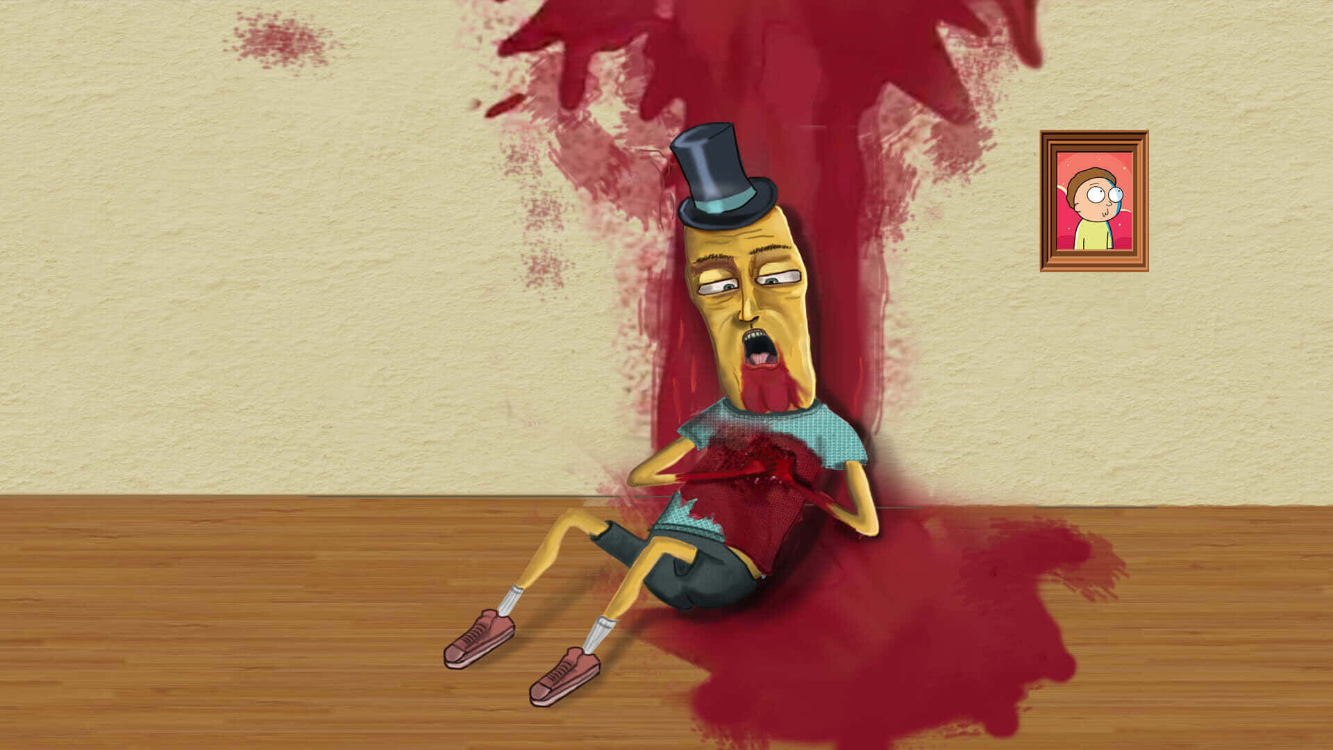 Mr Poopybutthole 桌布 壁紙 — 一個戴高帽的卡通香蕉人躺在木地板上流血，背景是米色牆壁，附近有一幅裱框畫。