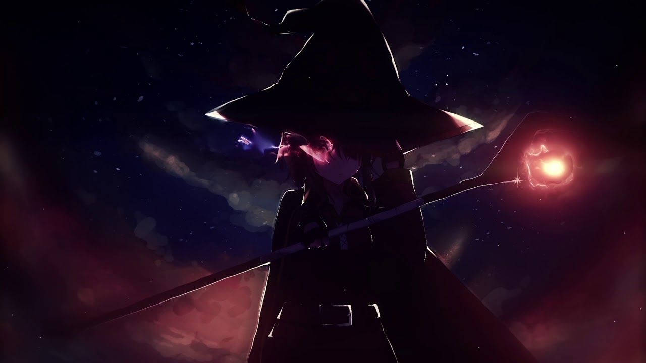 Megumin 桌布 壁紙 — 一個戴高帽的女巫，手持發光法杖，背景是佈滿星星的暮色天空，有紫色和紅色的雲。