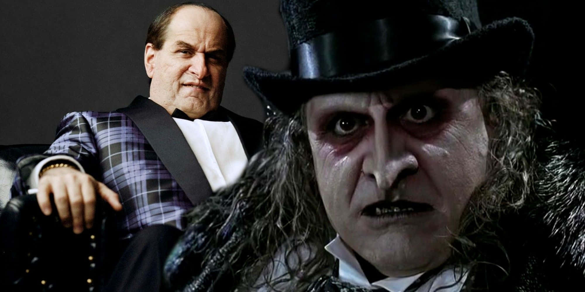 Batman Penguin 桌布 壁紙 — 一個戴高帽的威脅性吸血鬼強烈地凝視，而一個穿燕尾服的男人坐在他後面的黑暗房間裡。
