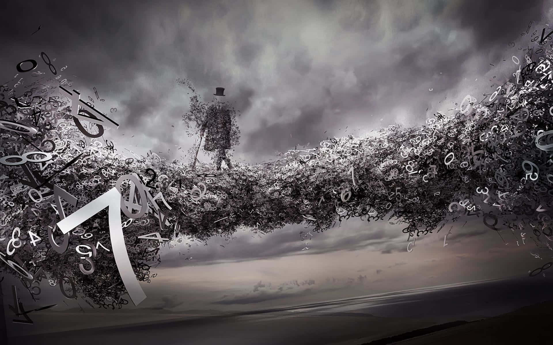 3d Graphics 桌布 壁紙 — 一個戴高帽的孤獨身影在暴風雨般的灰色天空下，走過一座由漂浮數學符號組成的橋樑。