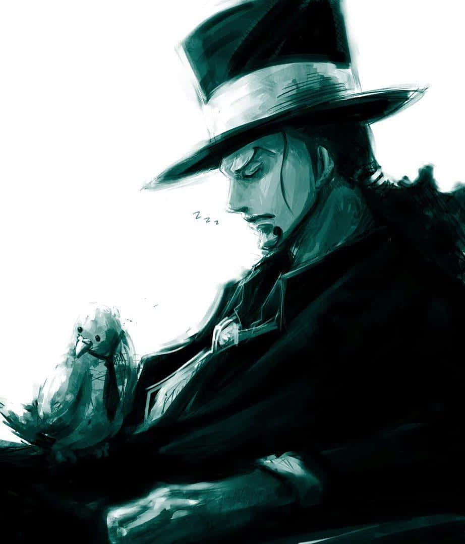 Rob Lucci 桌布 壁紙 — 一個戴高帽的憂鬱動漫男子，在純白背景上抱著一隻睡著的鳥。