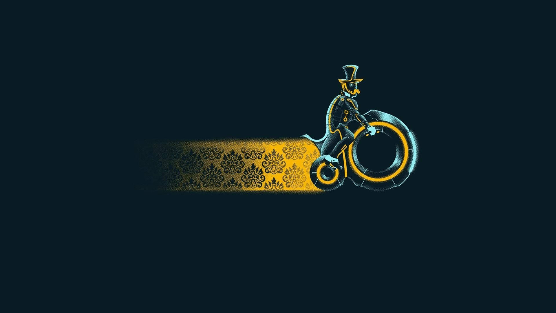 Vintage Minimalist 桌布 壁紙 — 一個戴高帽的風格化人物騎著發光的機車，在深色背景上留下金色錦緞圖案痕跡。