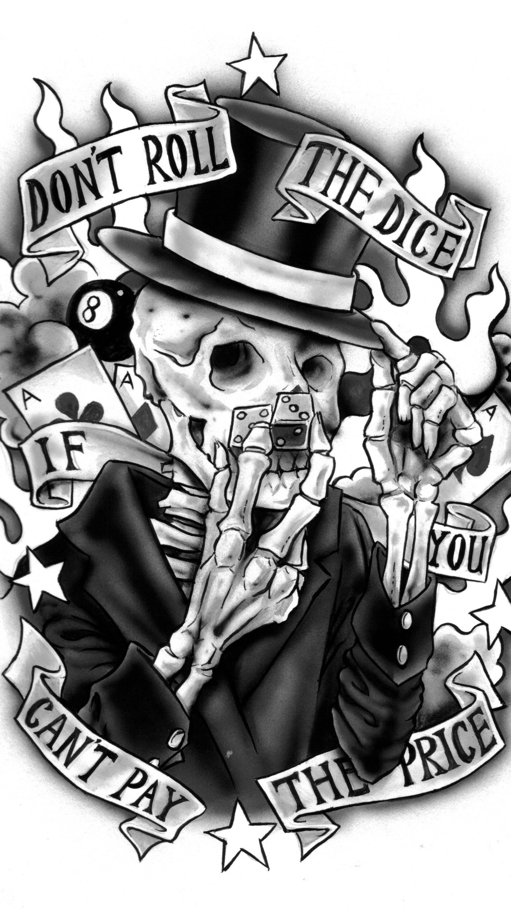 骷髏賭徒手持骰子和紙牌，並有警告賭博後果的橫幅。 — 深色引言 壁紙