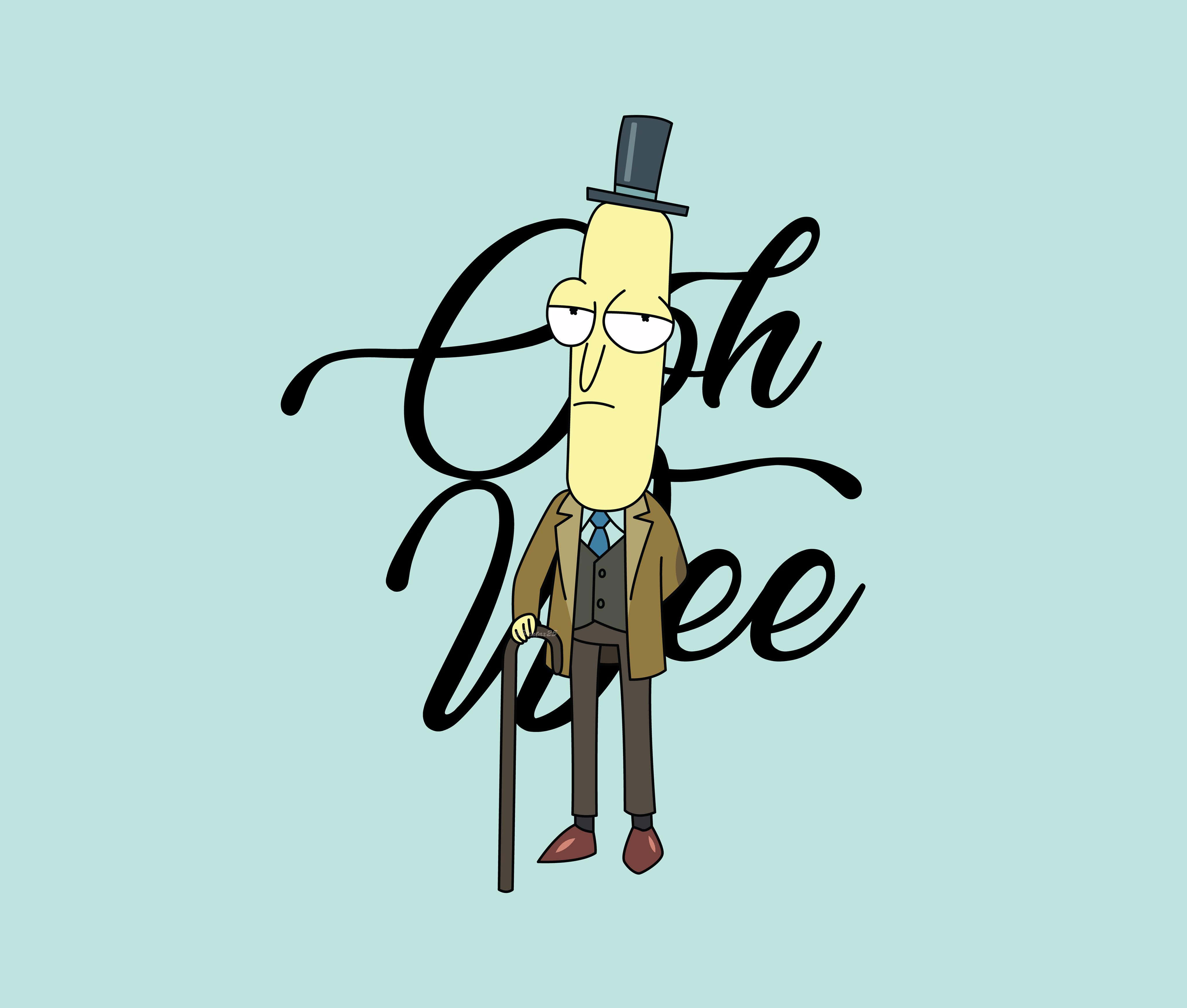 Mr Poopybutthole 桌布 壁紙 — 一個戴高帽穿西裝的卡通香蕉角色，在淺藍色背景上手持拐杖，背景有草書文字。