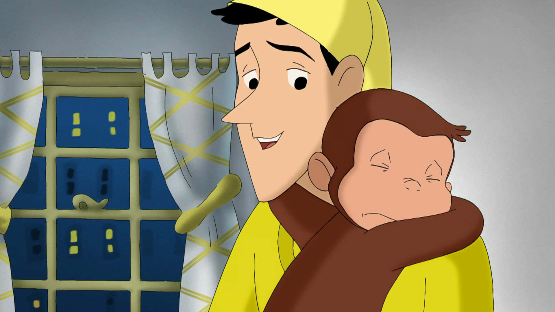 Curious George 桌布 壁紙 — 一個戴黃帽的男人抱著一隻睡眼惺忪的棕色猴子，他們一起望向窗外，欣賞夜晚的城市景觀。