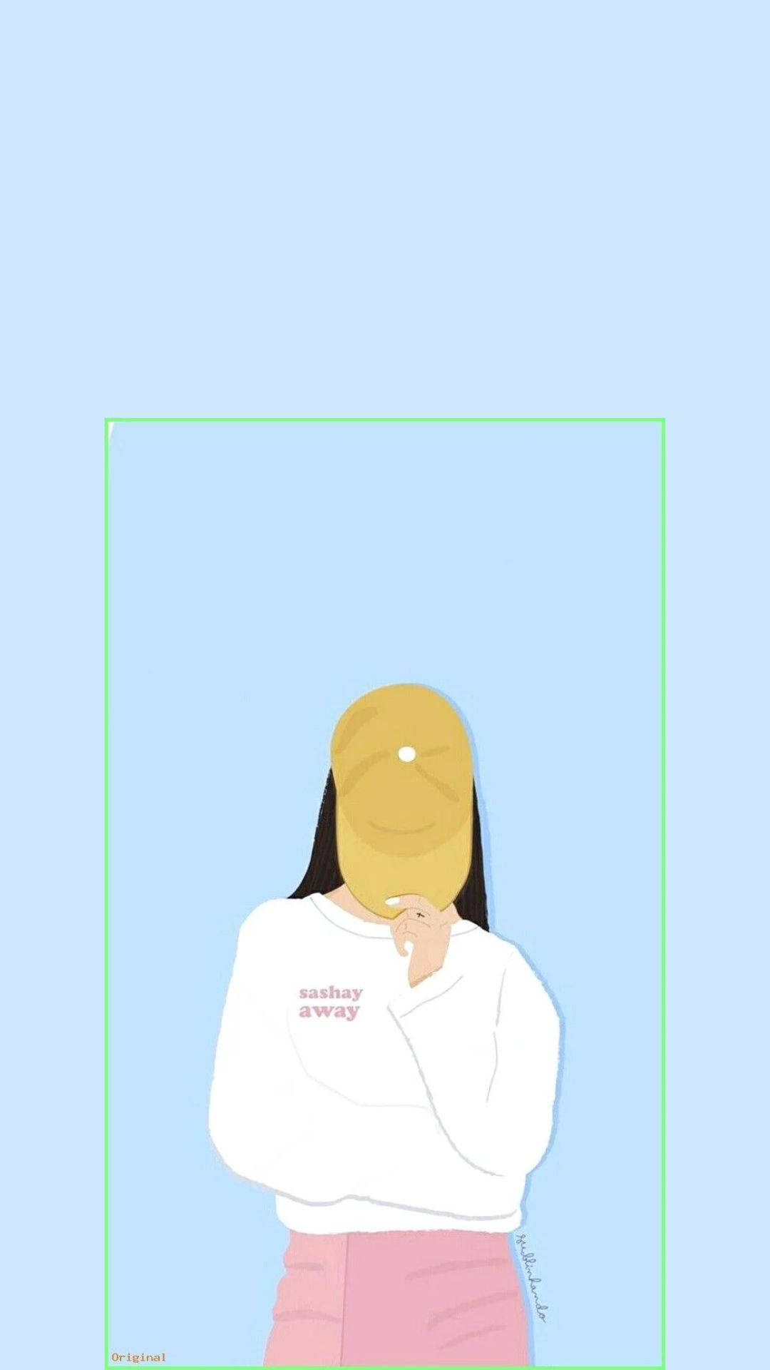 girls 桌布 壁紙 — 一個戴黃色帽子和白色運動衫的風格化人物，站在柔和的藍色背景前，被框起來。