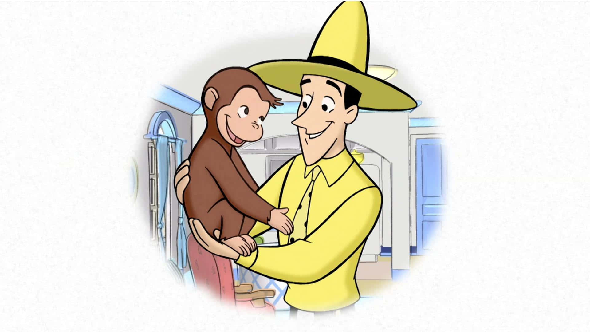 Curious George 桌布 壁紙 — 一個戴黃色帽子和穿黃色襯衫的開朗男人，在柔和的白色背景前抱著一隻微笑的棕色猴子。