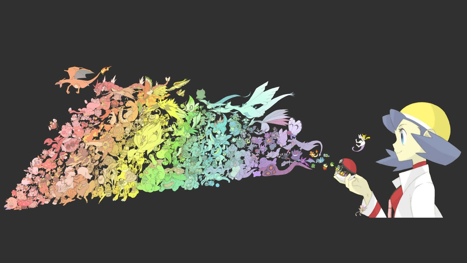 All Pokemon 桌布 壁紙 — 一個戴黃色帽子的角色在黑暗背景下從精靈球釋放出多彩多姿的彩虹般寶可夢流。