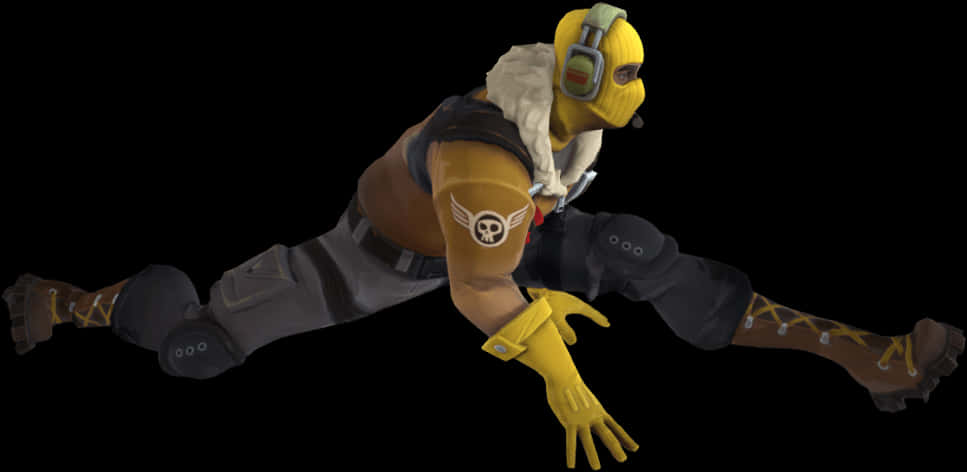 Fortnite Character 桌布 壁紙 — 一個戴黃色面具的角色在黑色背景前以動態姿勢懸空，配有詳細裝備和翅膀標誌。