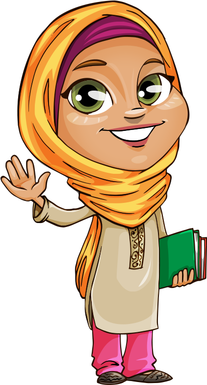 muslim 桌布 壁紙 — 一個戴黃色頭巾的開心卡通女孩，在黑色背景前揮手，手持一本綠色書。