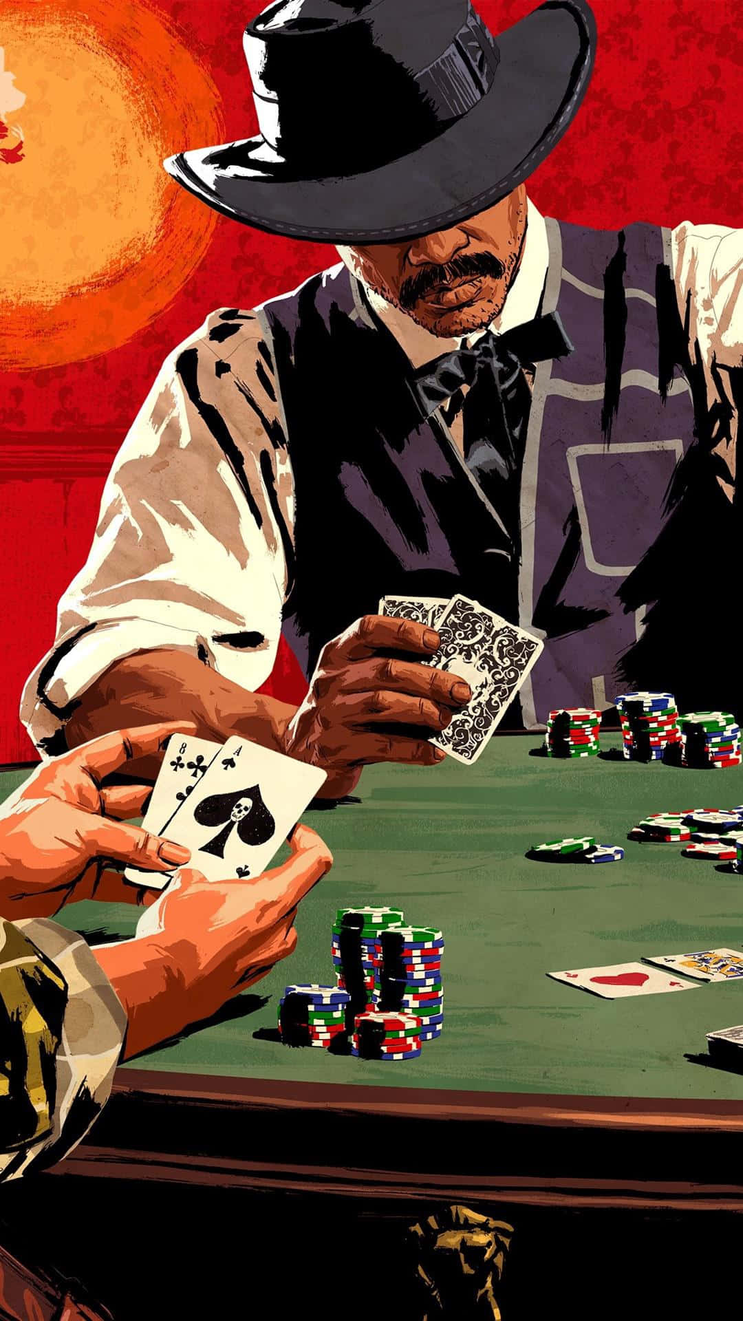 Poker 桌布 壁紙 — 一個戴黑帽的牛仔在熾熱橙色太陽下，與另一玩家在綠色氈桌上激烈玩撲克。