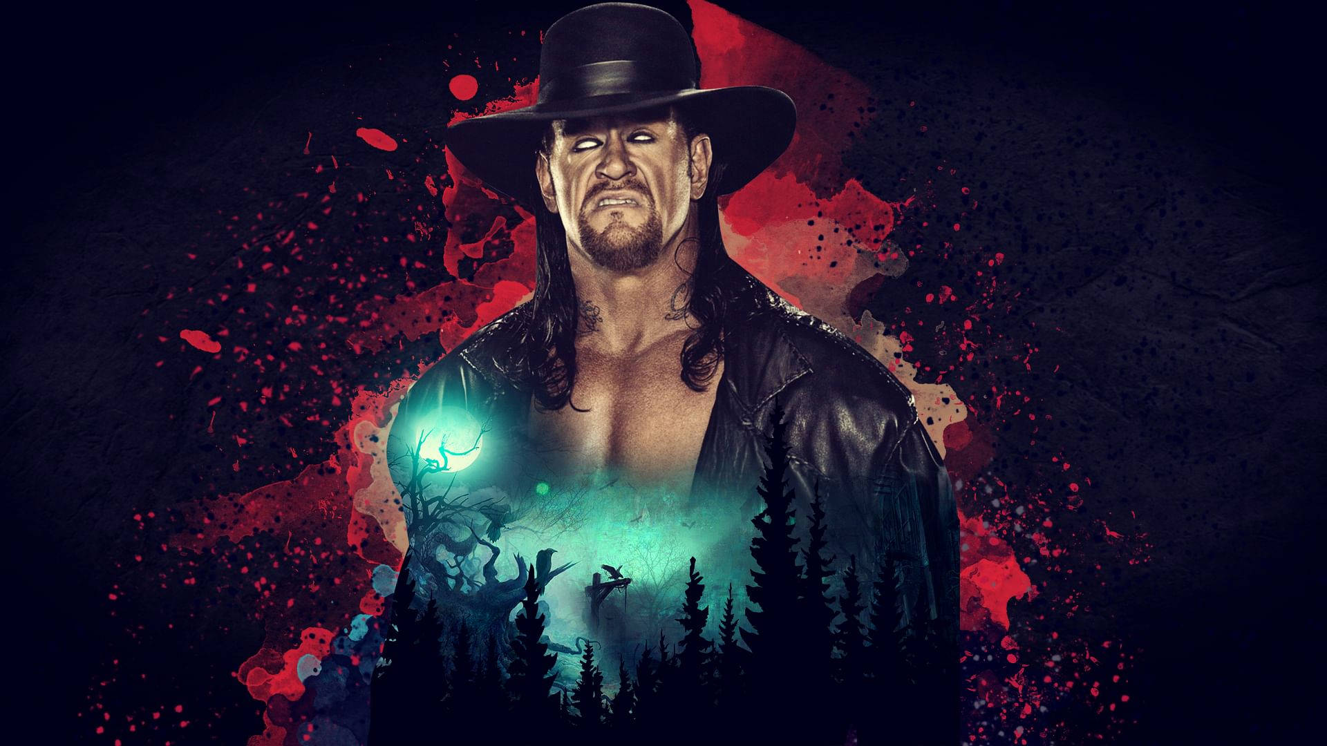Undertaker 桌布 壁紙 — 一個戴黑帽穿皮夾克的兇猛摔角手，胸口浮現發光的森林場景，背景是深紅色飛濺圖案。