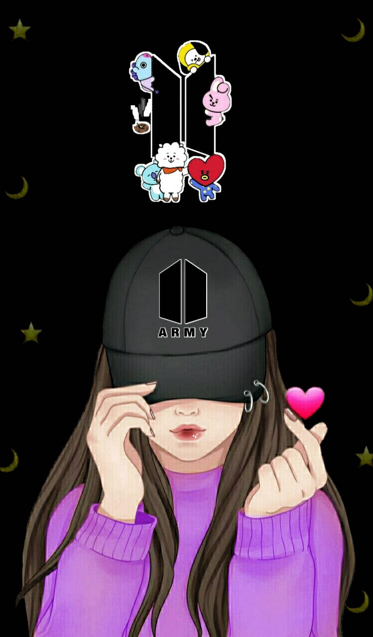 戴BTS帽的女孩在星空下做出心形手勢，BT21角色漂浮在上方。 — BTS 防彈少年團 粉絲 女孩 GIF 壁紙