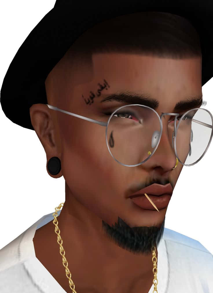 imvu 桌布 壁紙 — 一個戴黑色帽子、圓框眼鏡、額頭上有阿拉伯刺青的男士的風格化數位肖像。