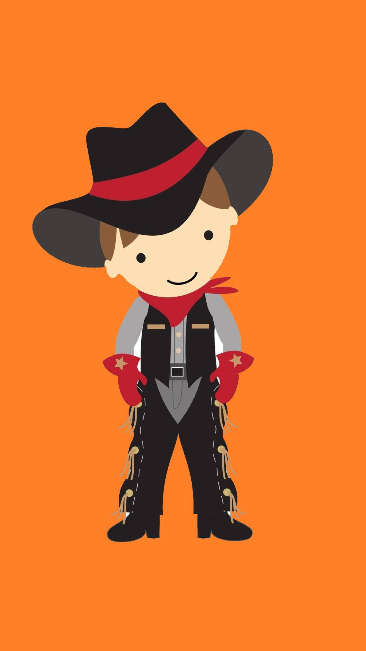 Cowboy 桌布 壁紙 — 一個戴黑色帽子、紅色頭巾和星星手套的快樂卡通牛仔，站在純橙色背景前。