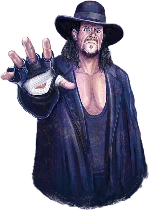 Undertaker 桌布 壁紙 — 一個戴黑色帽子和穿黑色長袍的威脅性摔角手，伸出一隻戴著手套的手，手上纏著白色繃帶，眼睛因強烈情緒而睜大。