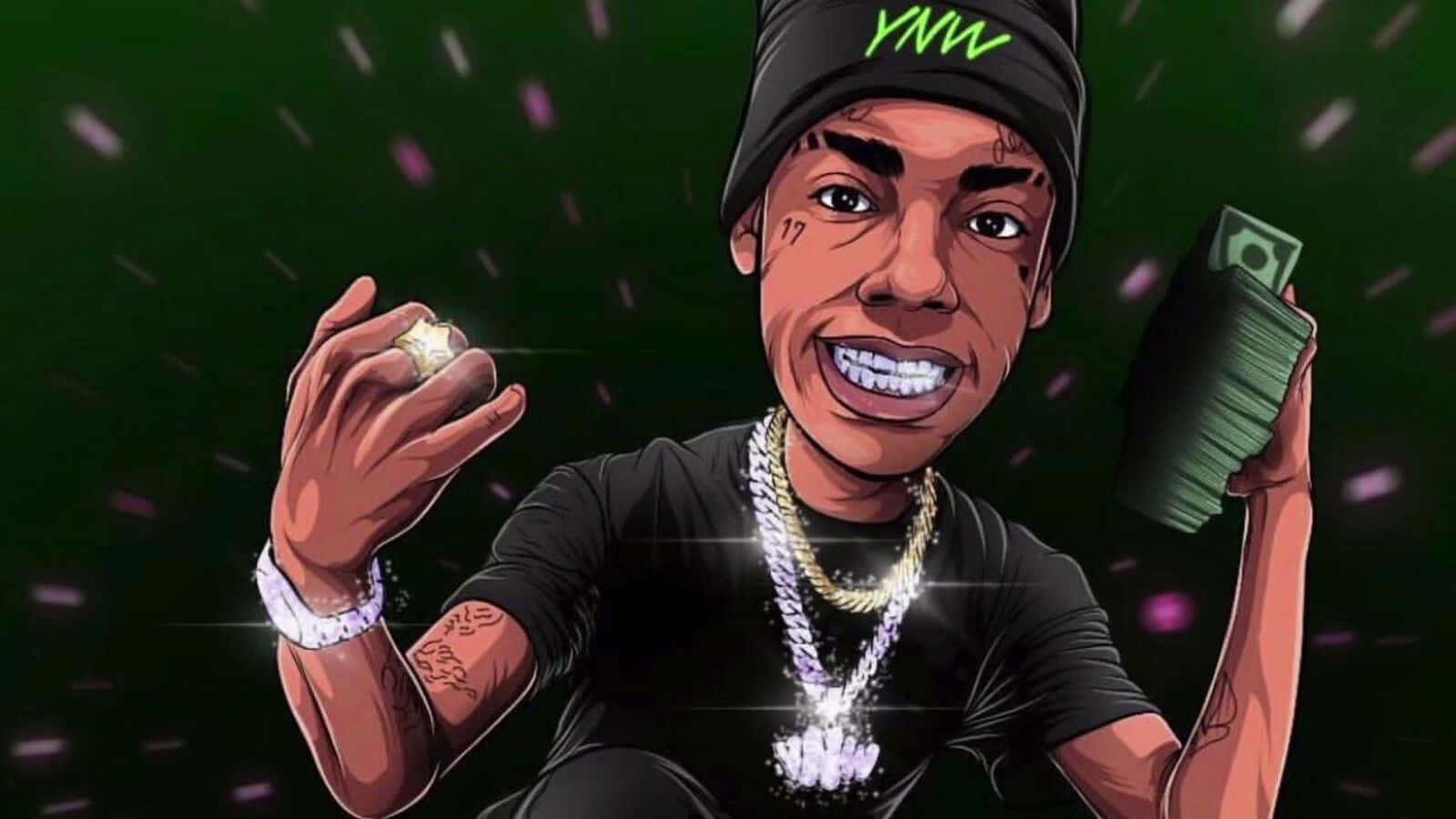 Ynw Melly Cartoon 桌布 壁紙 — 一個戴黑色毛帽和金色鏈條的卡通饒舌歌手，在深綠色閃亮背景前自豪地展示鑽石戒指和一疊現金。