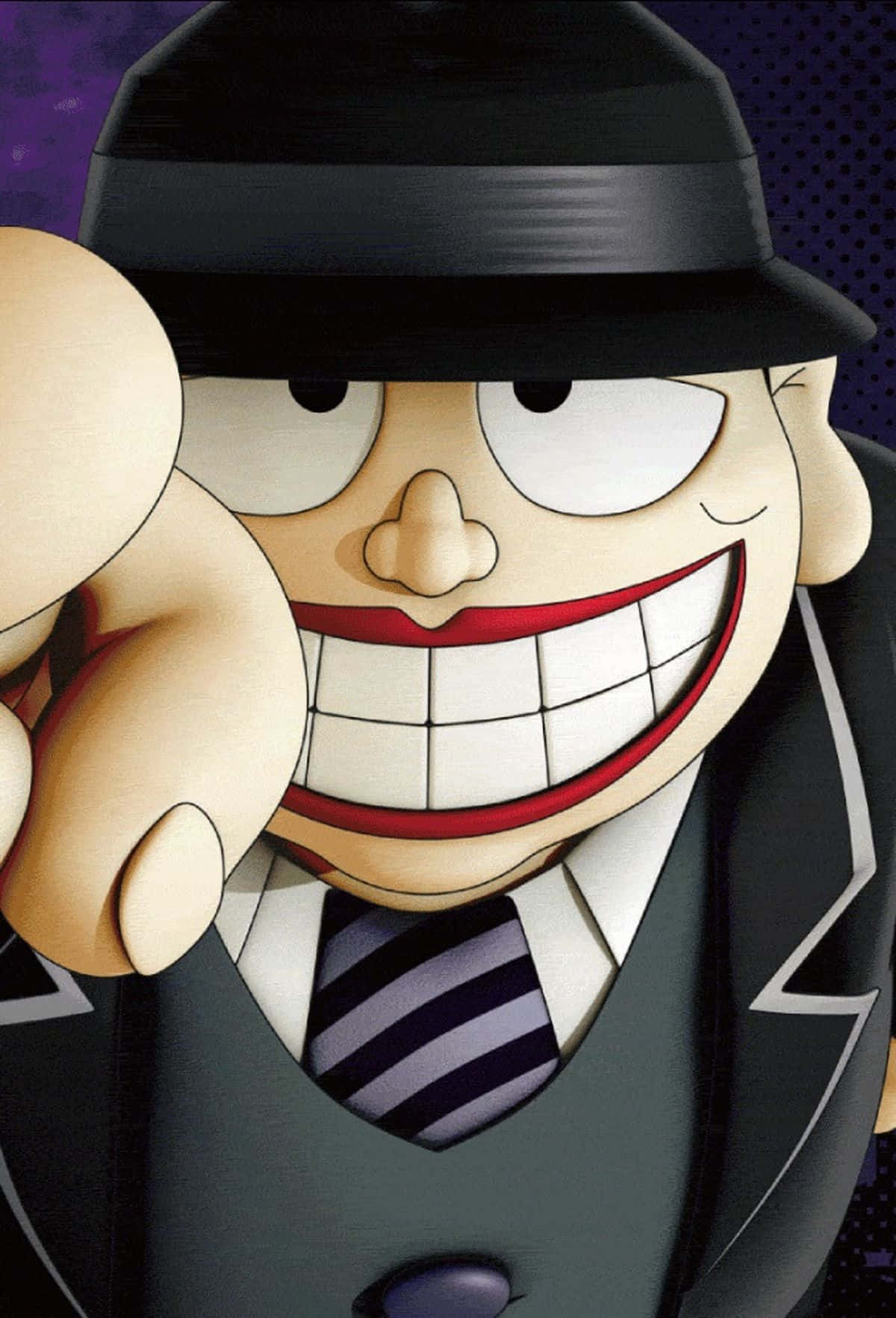 Laughing 桌布 壁紙 — 一個戴黑色軟呢帽、穿西裝的卡通人物，在紫色圓點背景上，戴著條紋領帶咧嘴大笑。