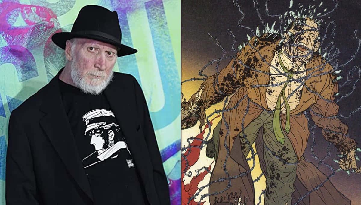 Frank Miller 桌布 壁紙 — 一個戴黑色軟呢帽、穿西裝的男人站在一個漫畫插圖旁邊，插圖中是一個被鐵絲網纏繞的怪物形象。