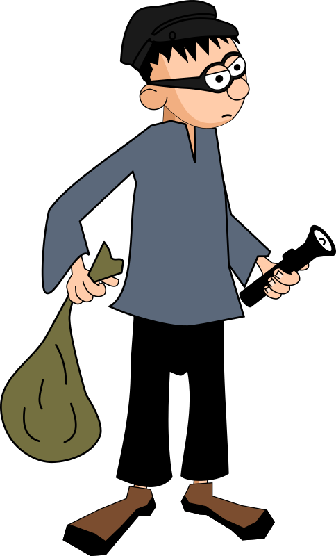 Clip Art 桌布 壁紙 — 一個戴黑色面具和帽子的卡通小偷，拿著一個綠色袋子和一個小物件在走路。