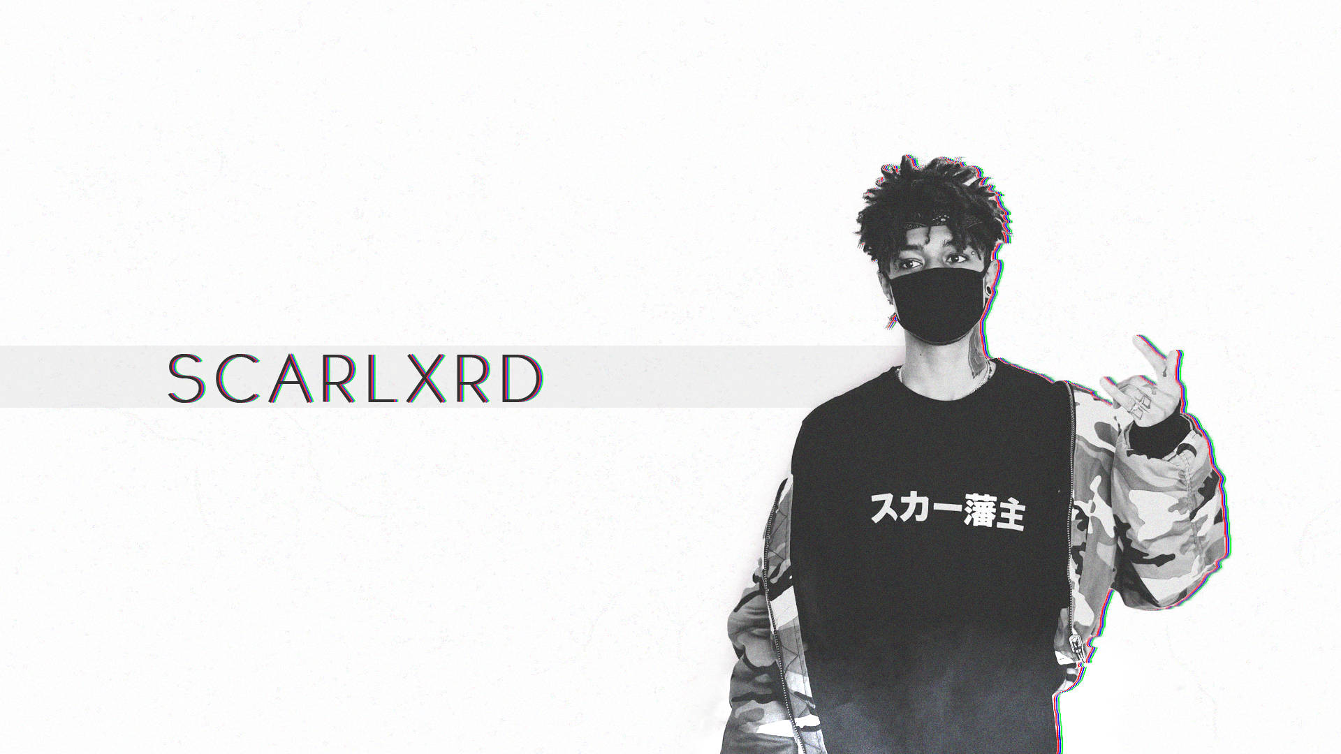scarlxrd 桌布 壁紙 — 一個戴黑色面具和迷彩外套的人，在純白背景前做出手勢，並帶有「SCARLXRD」文字。