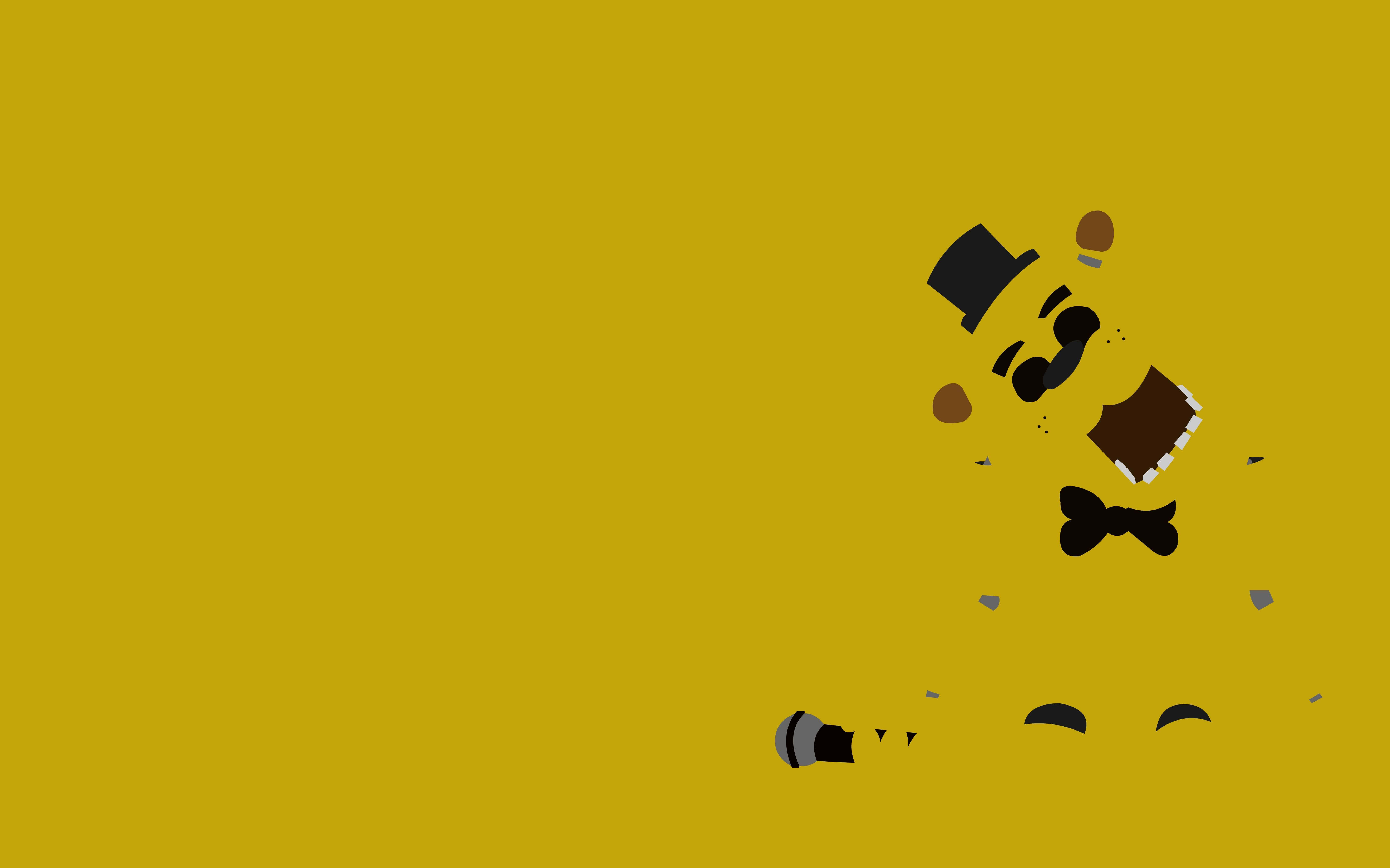 Golden Freddy 桌布 壁紙 — 一個戴黑色高帽、蝴蝶結領結和背心的極簡抽象人物，在芥末黃色背景上分解成散落的幾何碎片。