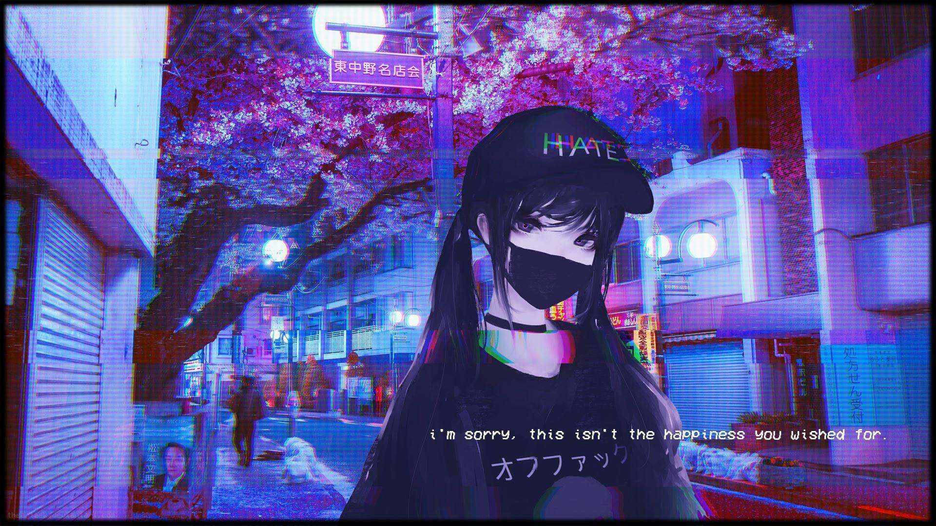桌布 壁紙 — 一個戴黑色鴨舌帽的蒙面動漫女孩，在夜晚站在發光的櫻花樹下，在一條充滿霓虹燈的 cyberpunk 街道上。