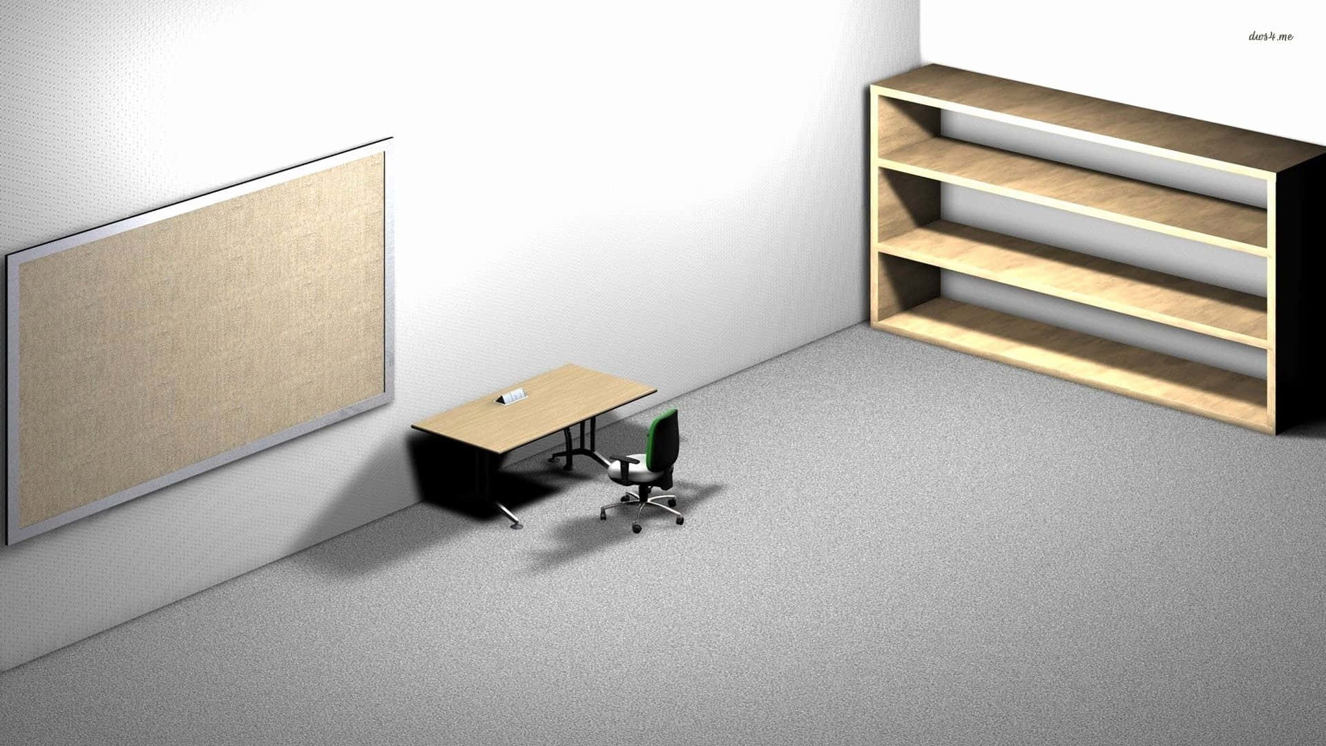 一個房間的3D模型，內有書桌和架子 壁紙