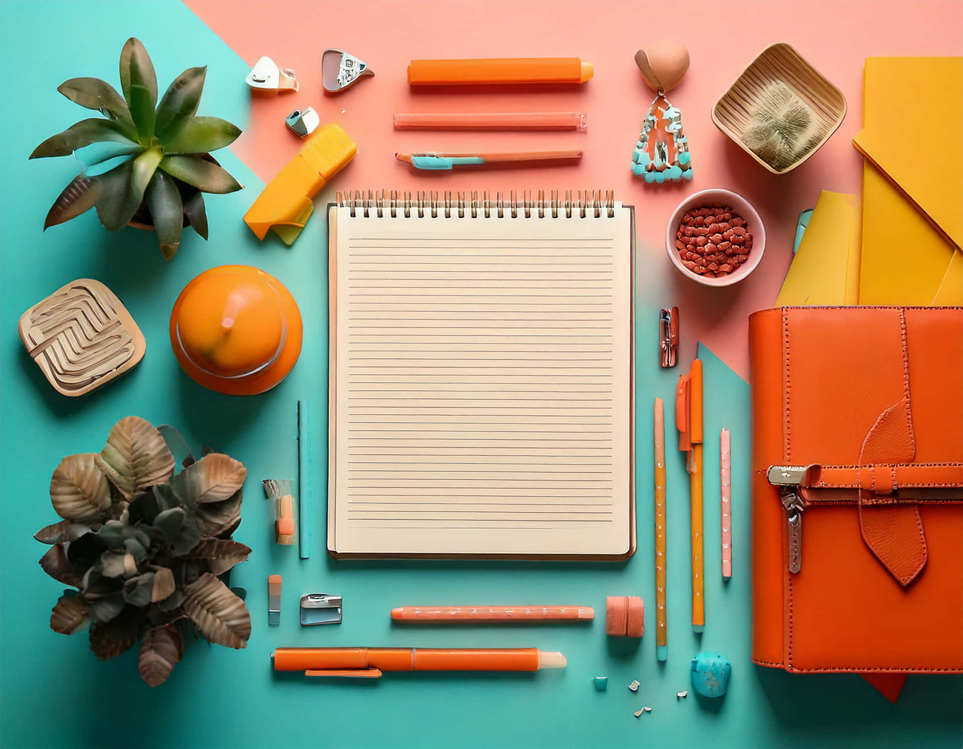 Office Supplies 壁紙 — 一個扁平佈局，充滿活力的橙色和藍綠色文具以及多肉植物圍繞著一本空白螺旋筆記本排列。