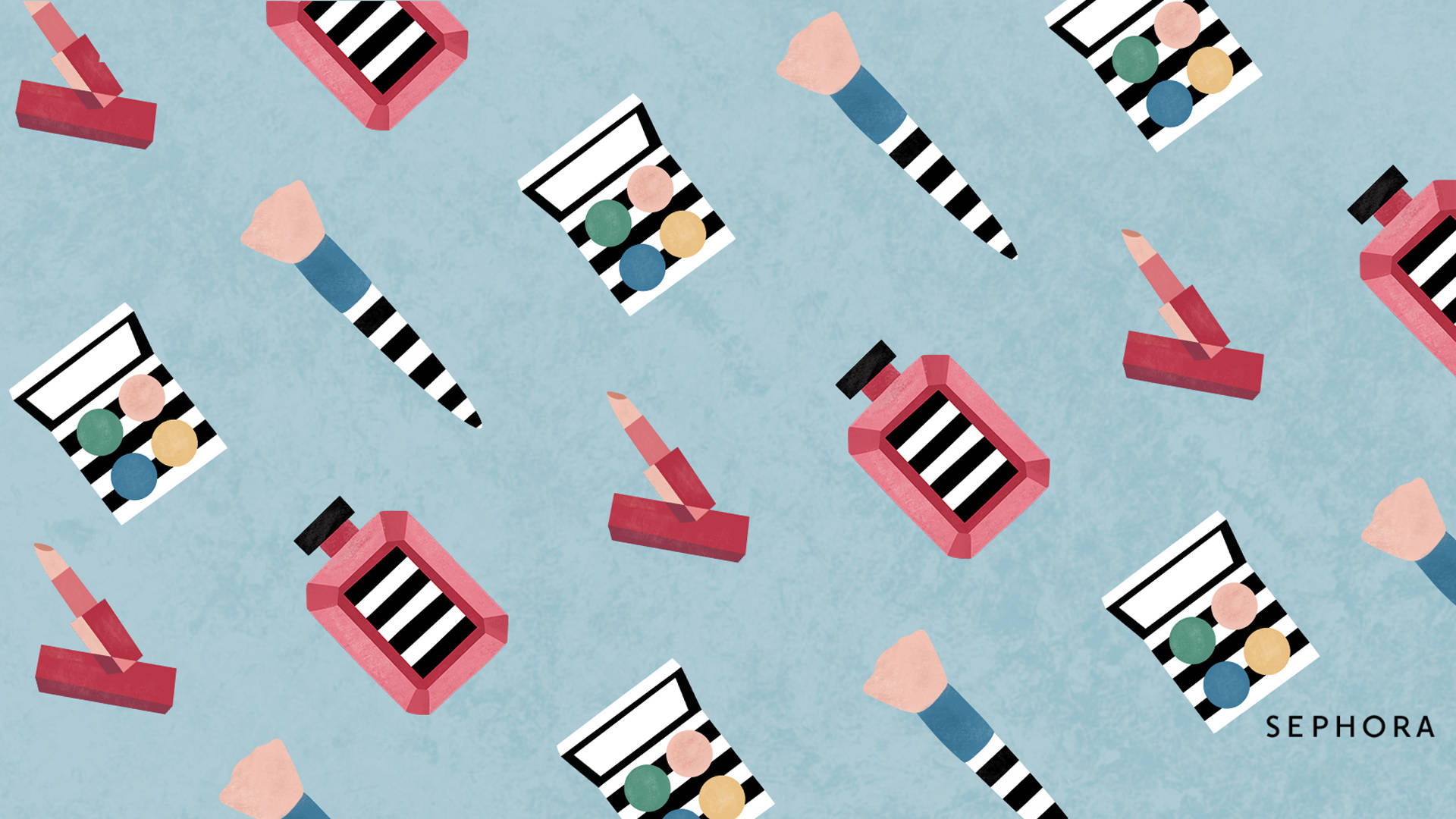 Sephora 桌布 壁紙 — 一個扁平向量圖案，風格化的化妝品如唇膏和刷子散落在淺藍色背景上。