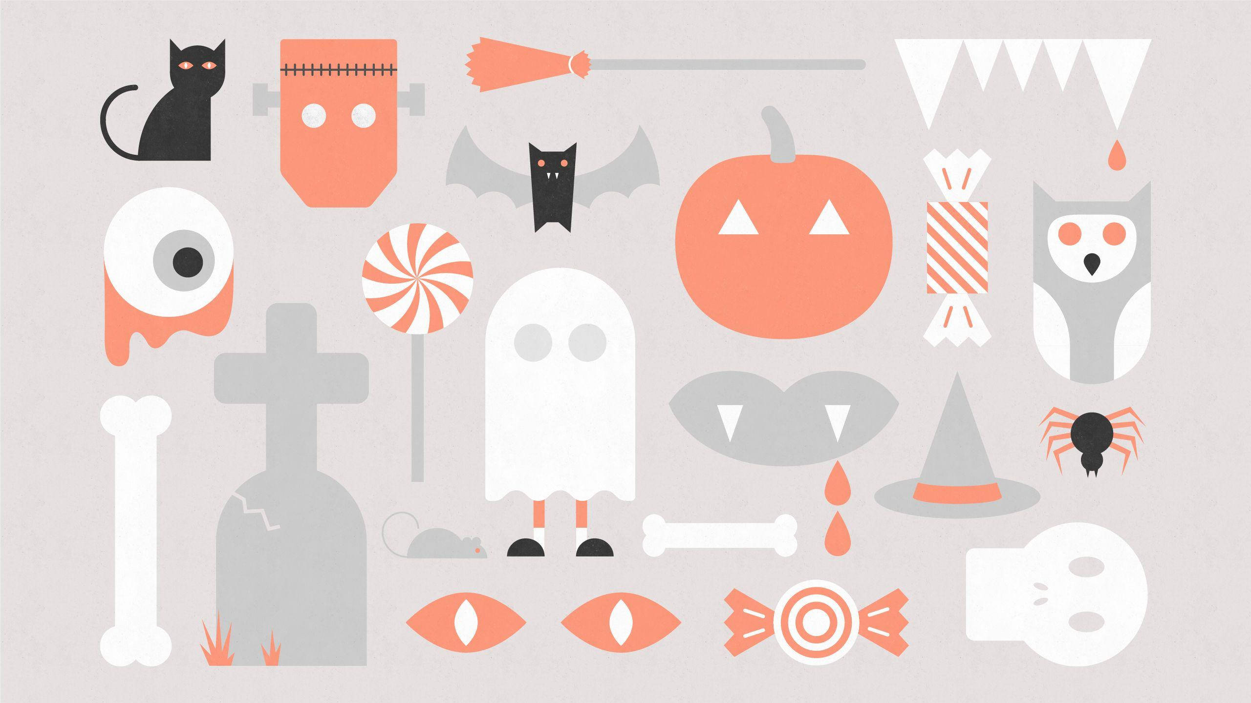 Cute Aesthetic Halloween 桌布 壁紙 — 一個扁平向量插圖，包含經典萬聖節圖標，如鬼魂、南瓜和蝙蝠，排列在淺灰色背景上。