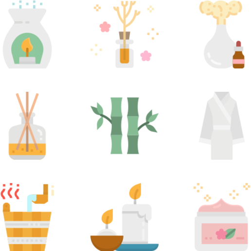 禪 桌布 壁紙 — 一個扁平向量組的SPA物品，包括蠟燭、擴香器、竹子、浴袍和沐浴產品，整齊排列。