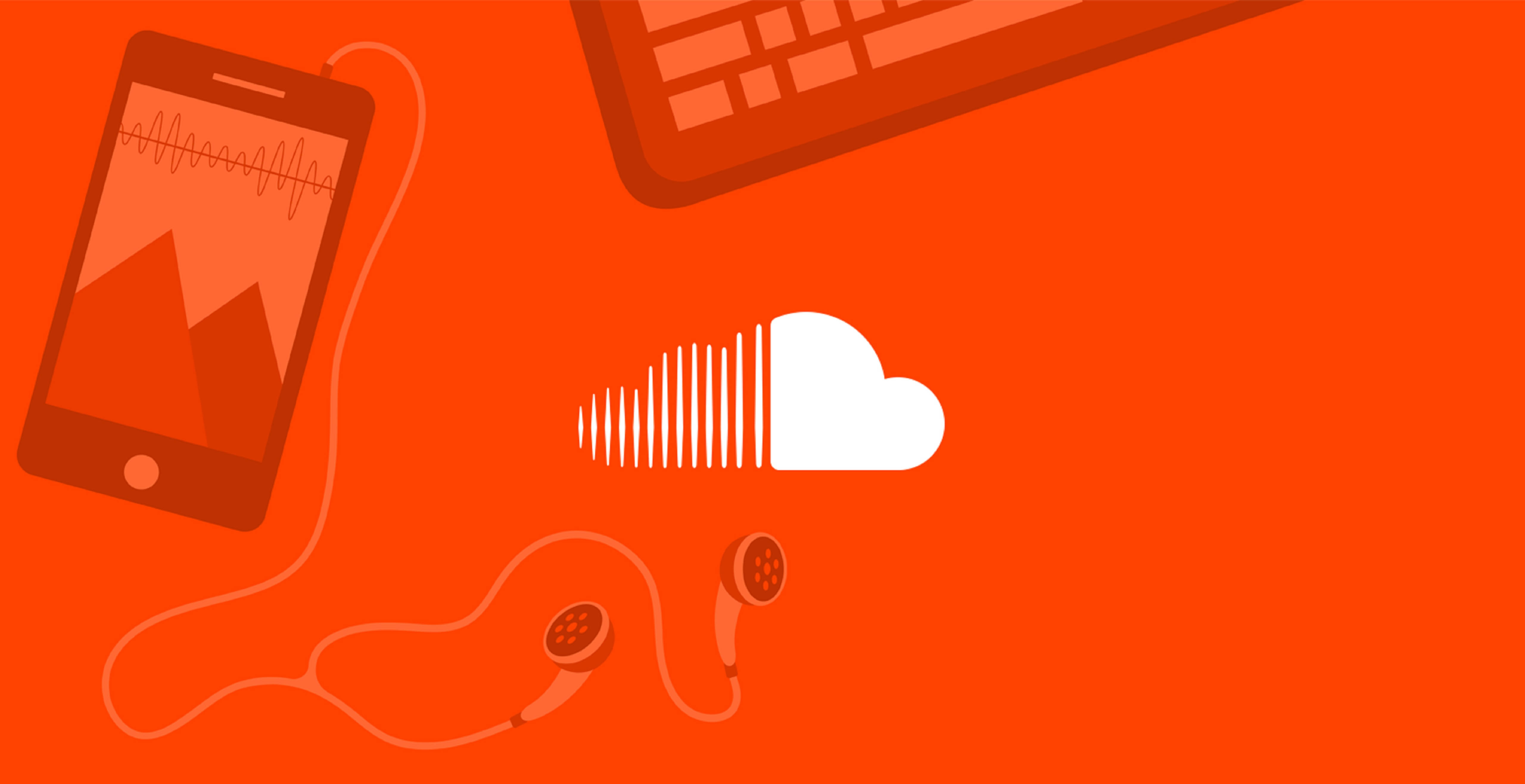 soundcloud 桌布 壁紙 — 一個扁平設計插圖，展示電話鍵盤和耳機連接到雲端圖示，背景為鮮豔的橙色。