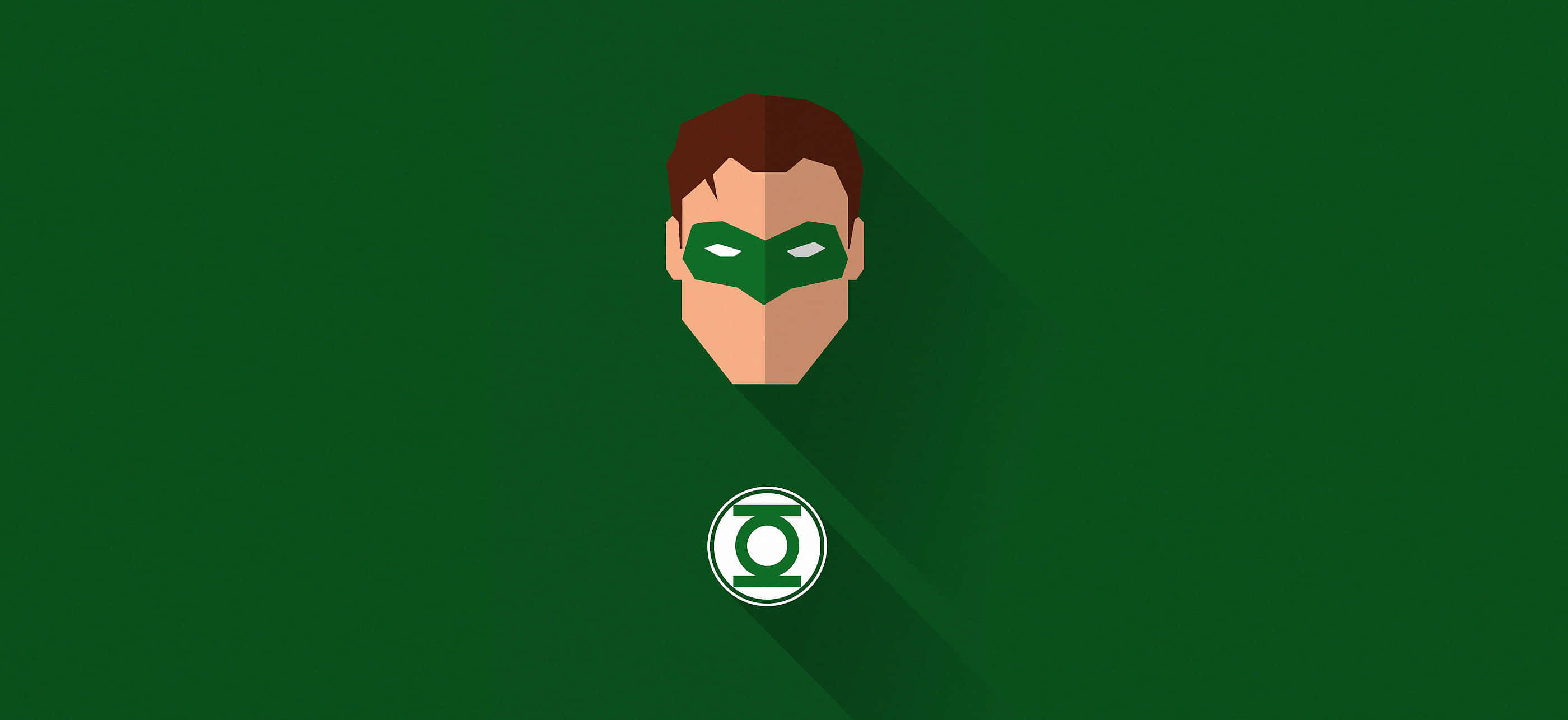 Green Lantern 桌布 壁紙 — 一個扁平設計的插圖，描繪綠燈俠超級英雄頭部，帶有面具和標誌，在純綠色背景上投下長長的陰影。