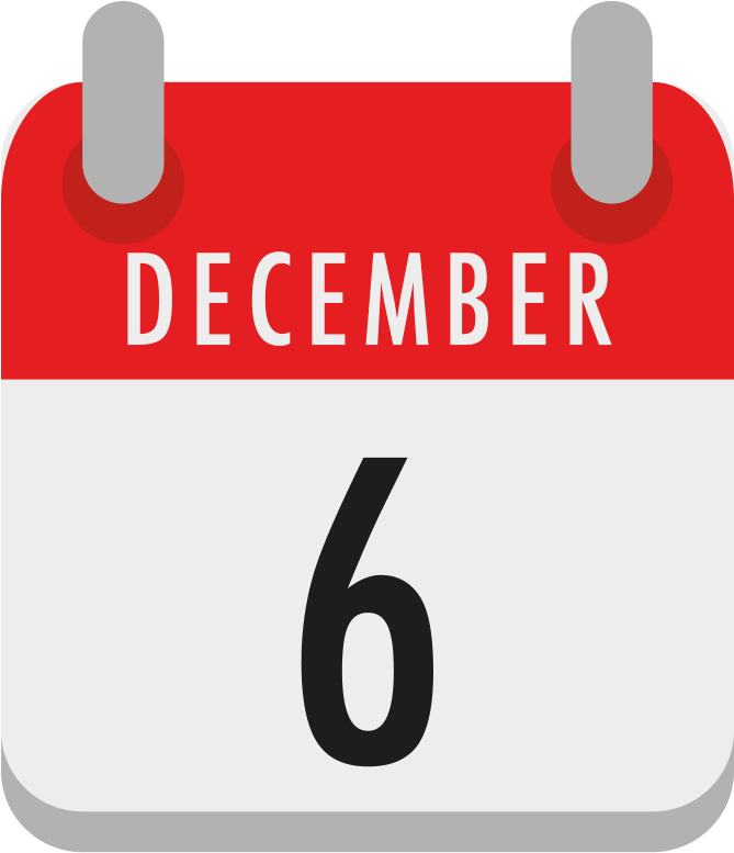 十二月 桌布 壁紙 — 一個扁平設計的行事曆圖示，顯示12月6日，紅色標題和白色背景上的大黑色數字。