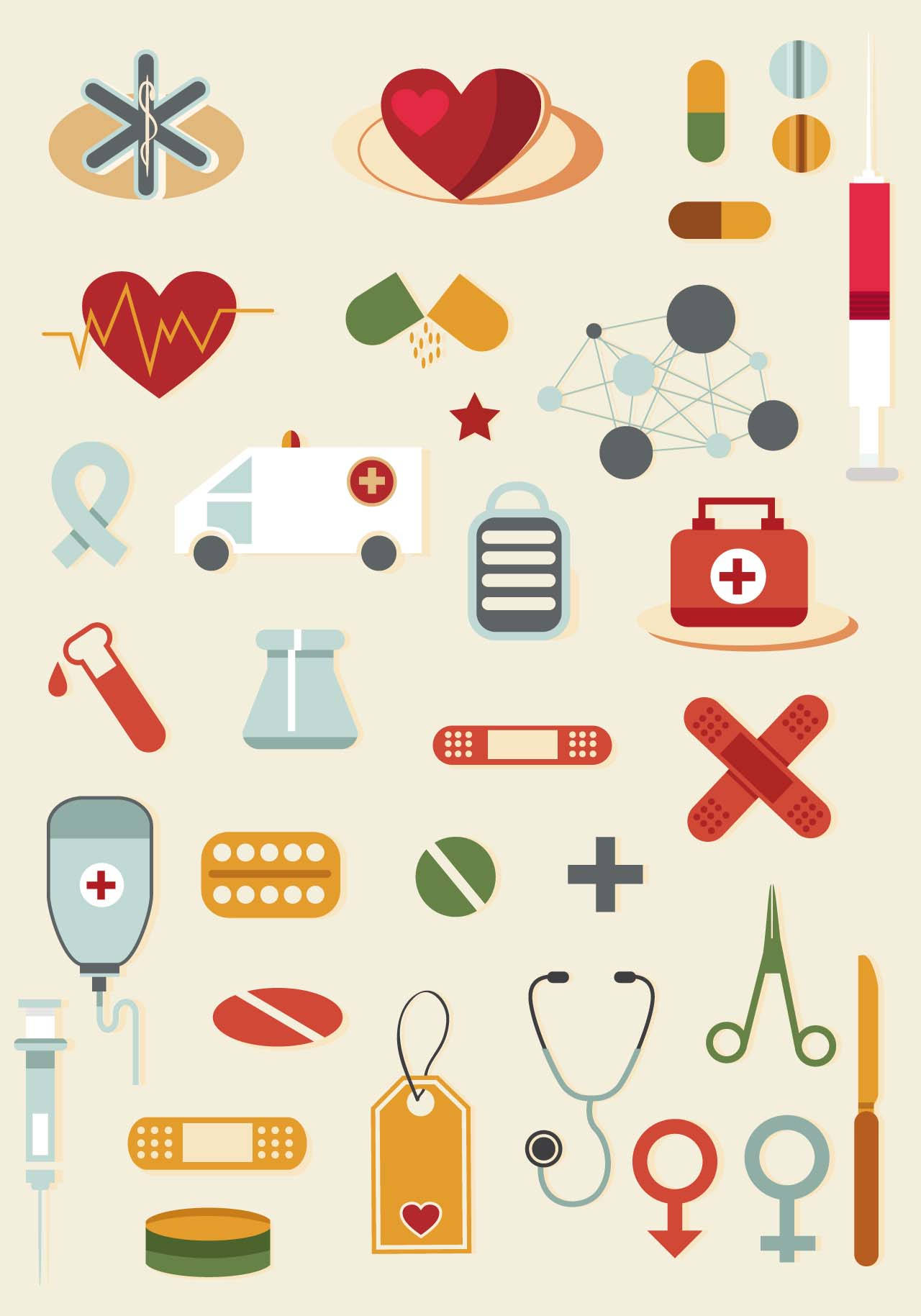 Stethoscope 桌布 壁紙 — 一個扁平設計的醫療圖標集合，包括心臟、藥丸、注射器和救護車，背景為米色。