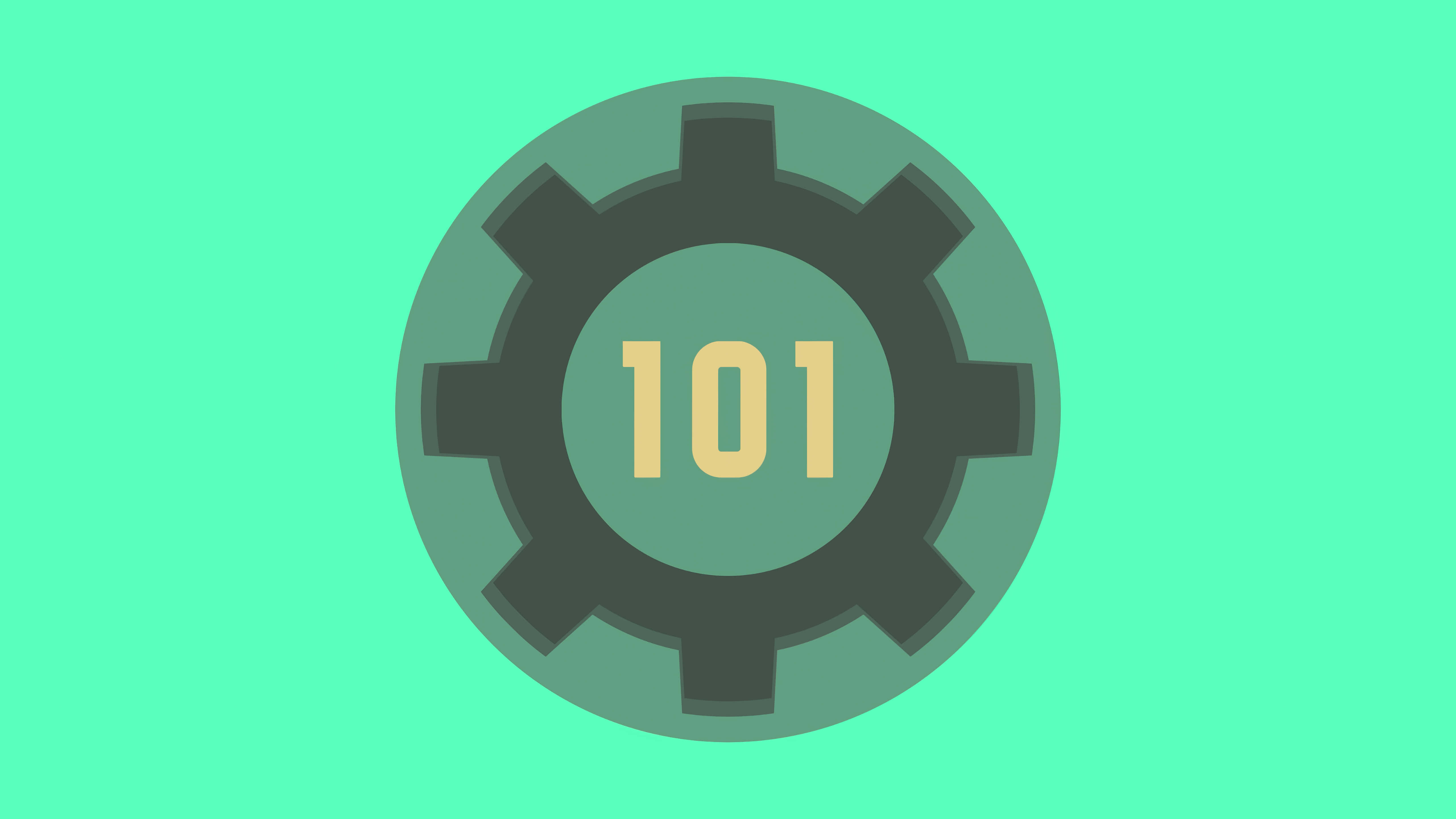 Vault 101 桌布 壁紙 — 一個扁平設計的齒輪圖示，中央有一個黃色的數字101，背景為青綠色。