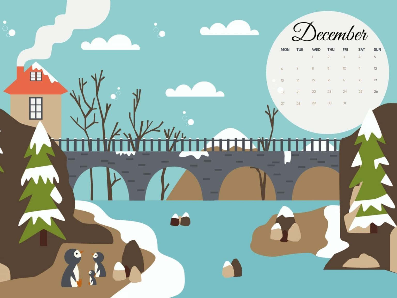 十二月 桌布 壁紙 — 一個扁平風格的冬季場景，企鵝靠近雪河橋，上方漂浮著十二月日曆。