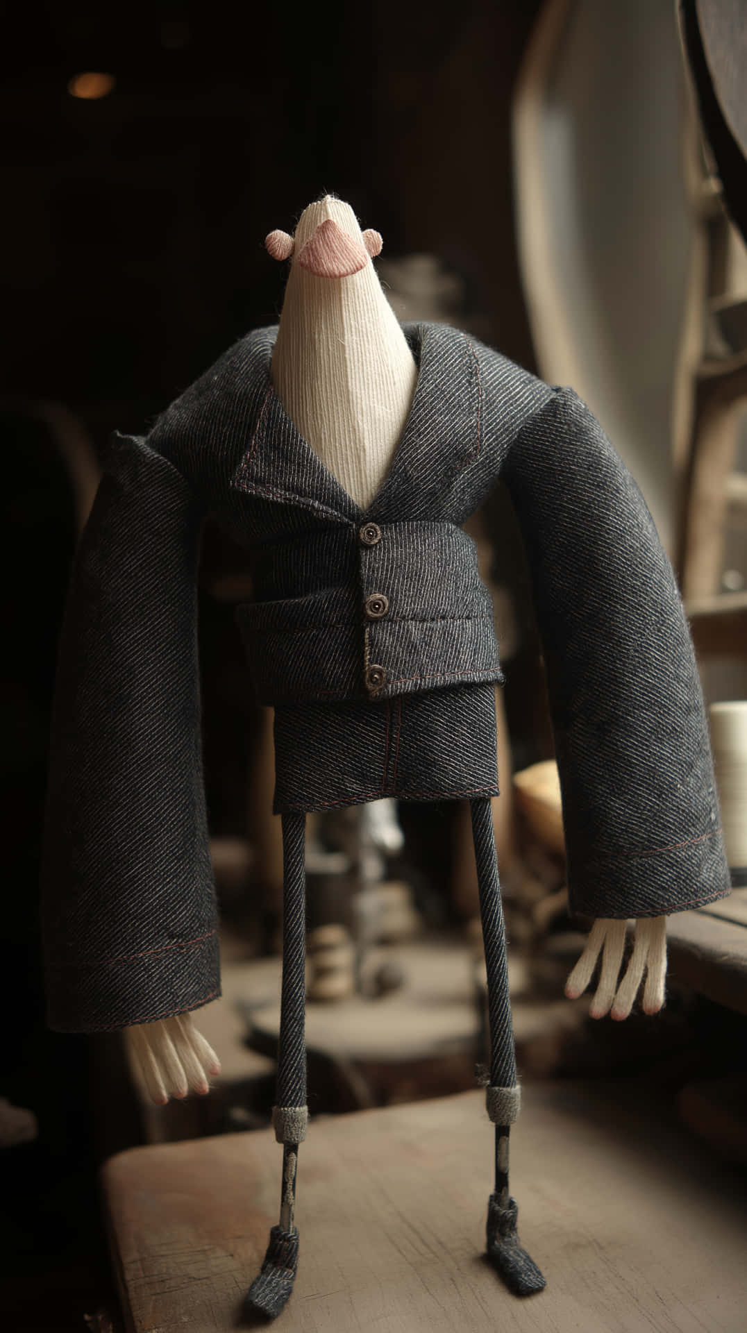 Large character sculpture 壁紙 — 一個手工製作的紡織娃娃，粉紅色鼻子，穿著灰色人字紋西裝，扣著鈕扣，站在光線昏暗的工作室的木質表面上。