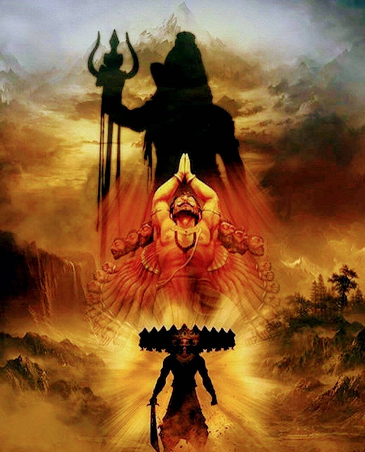 har har mahadev 桌布 壁紙 — 一個手持三叉戟的濕婆高大黑暗剪影，籠罩著一個光芒四射的橙色多臂神祇，下方有一個戴冠的人物，背景是金色的山巒景觀。