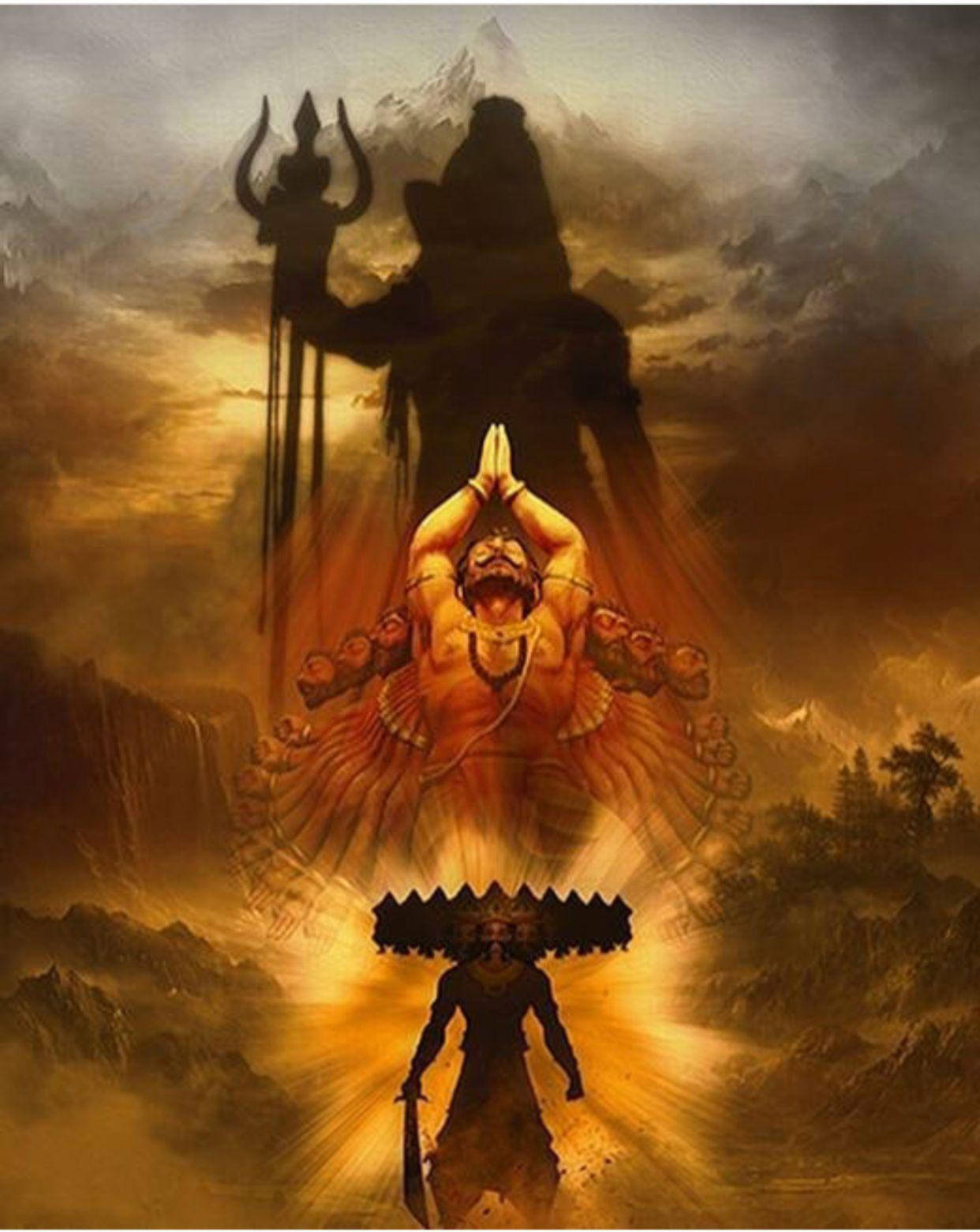 Ravana 桌布 壁紙 — 一個手持三叉戟的高聳黑暗神祇籠罩著一個多臂橙色祈禱中的神，而一個戴著皇冠、手持劍的戰士站在下方金色光芒中。