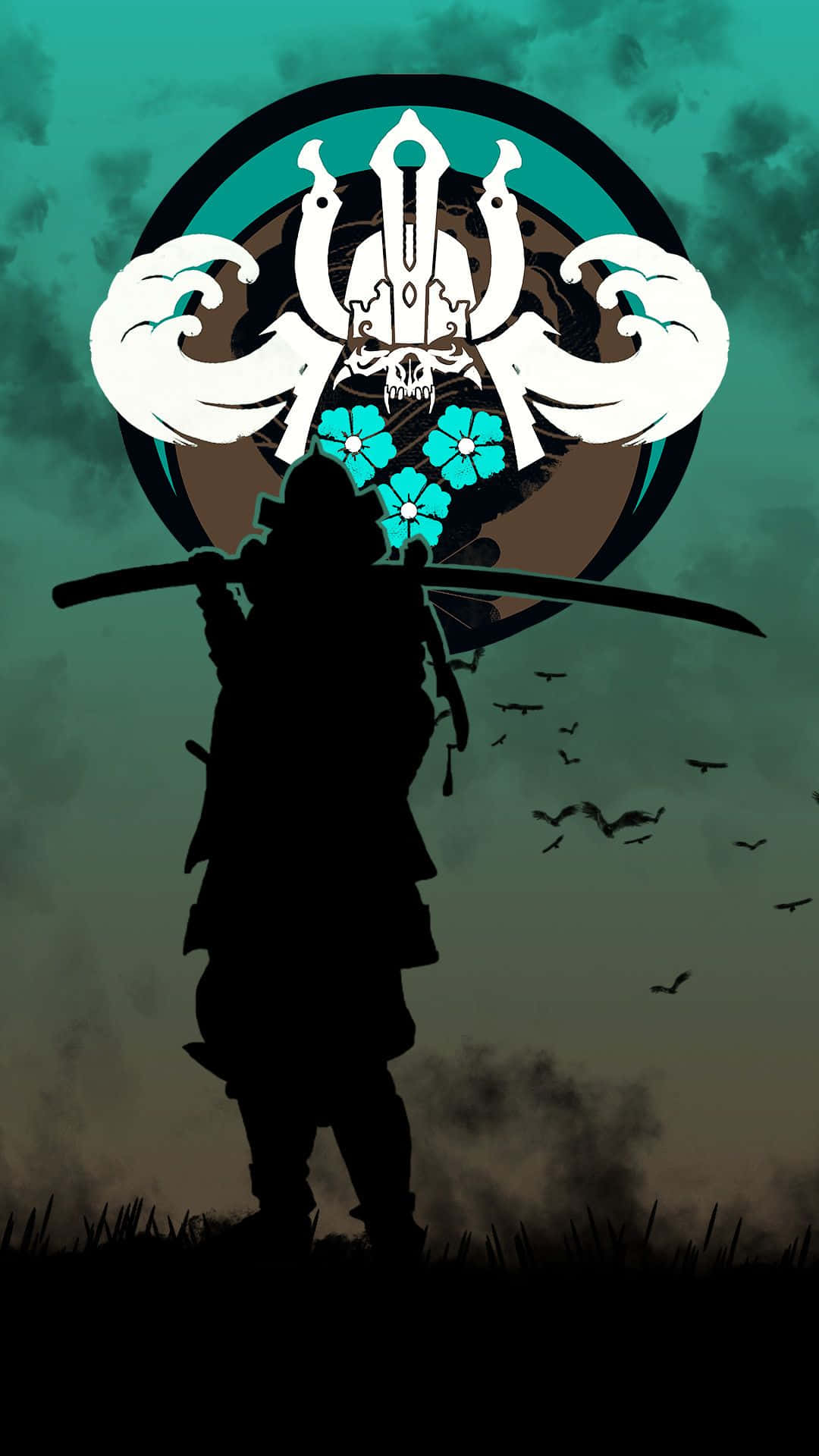 電玩遊戲 桌布 壁紙 — 一個手持武士刀的武士剪影，站在一個圓形徽章前，徽章上有骷髏頭和綠松石花朵，背景是藍綠色和棕色的漸變天空。