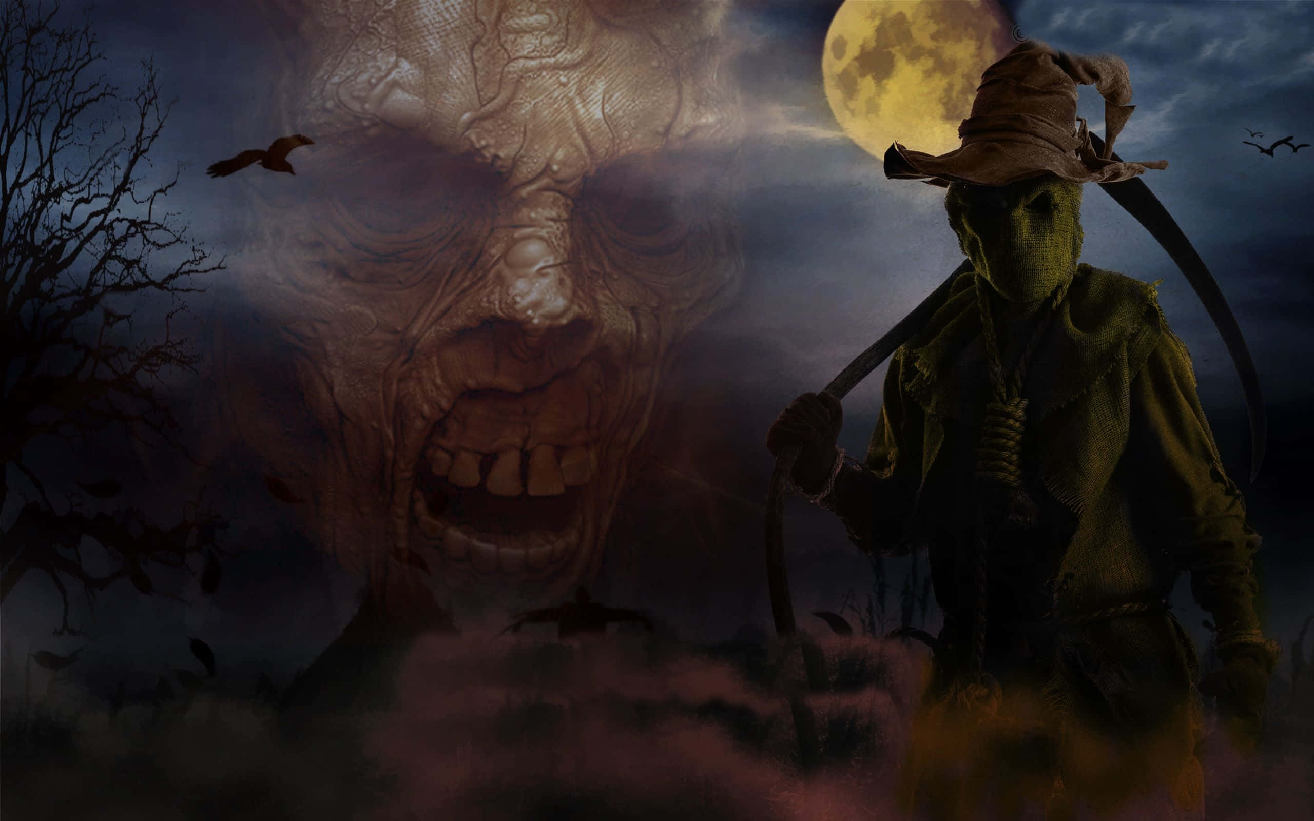 Animated Halloween 桌布 壁紙 — 一個手持鐮刀的可怕稻草人，站在一個巨大尖叫的臉孔前，背景是滿月和飛翔的烏鴉。