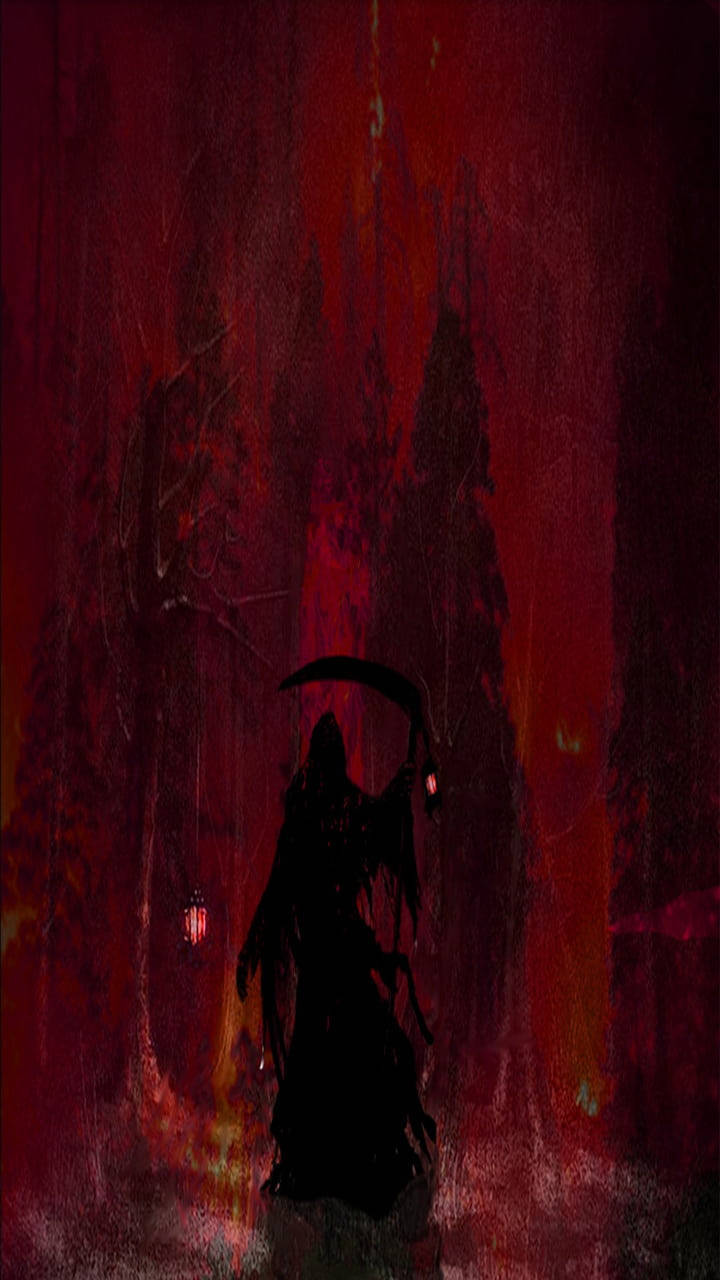 Red Death 桌布 壁紙 — 一個手持鐮刀的死神黑色剪影在夜晚穿過血紅色的森林。